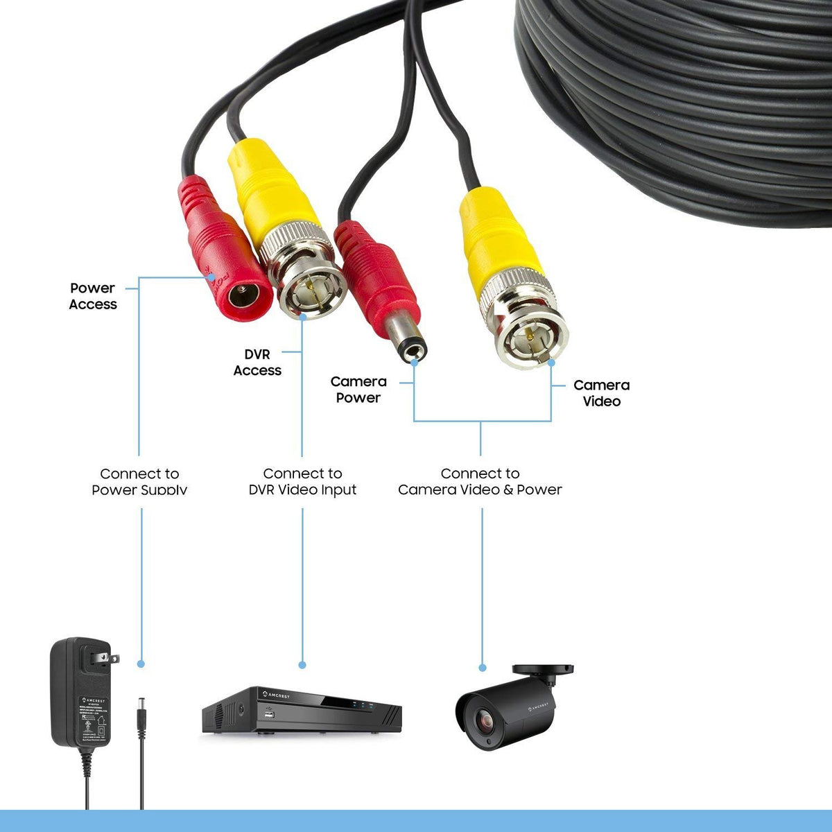 Cable BNC Amcrest Negro Todo en Uno para Cámara de Seguridad 4K