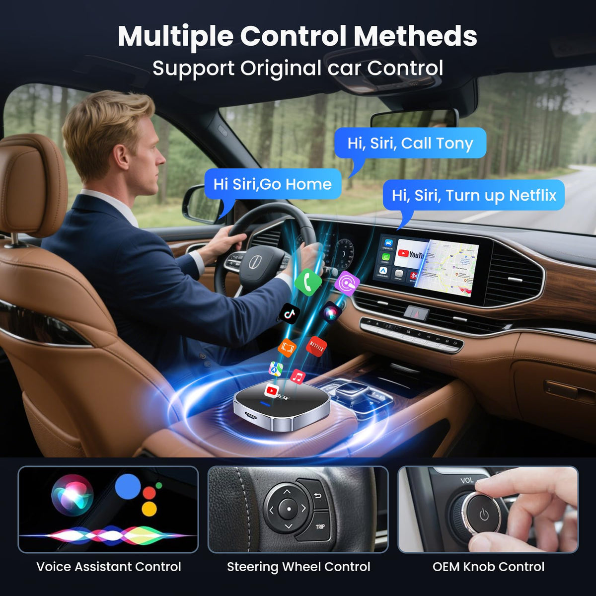 Adaptador Inalámbrico 2 en 1 Magic AI Box Streaming para Apple CarPlay y Android Auto 2026 Compatible Netflix YouTube coche