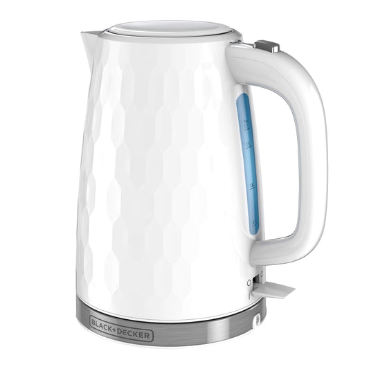 BLACK+DECKER - Hervidor eléctrico inalámbrico de 1,7 L, KE1560W, textura premium, ventana de agua, ebullición rápida, apagado automático, color blanco