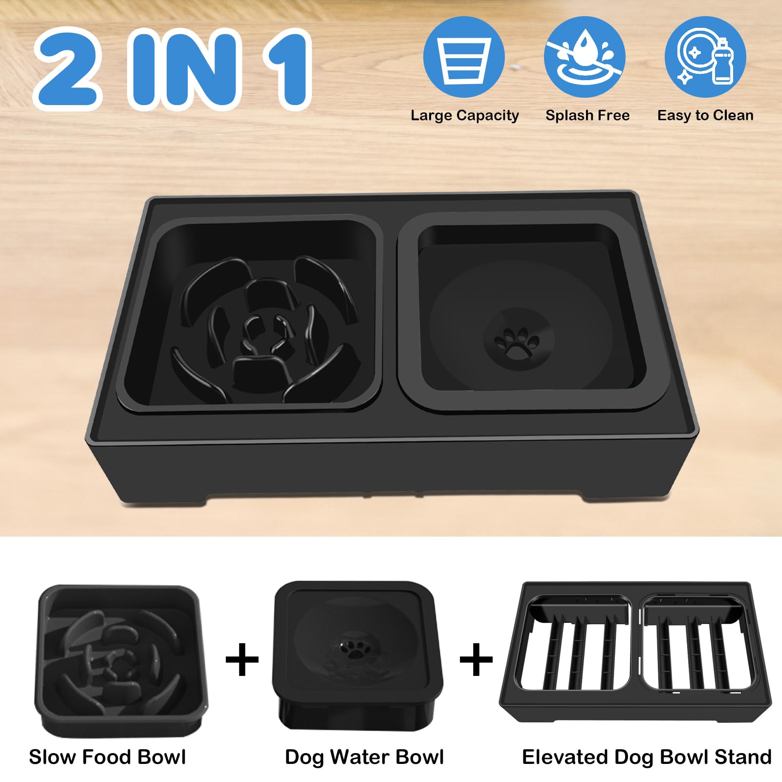 IKUSO - Tazones para Perros 2-en-1 con Altura Ajustable y Comida Lenta, Antiderrame y Antideslizante, Protege la Columna Vertebral del Perro