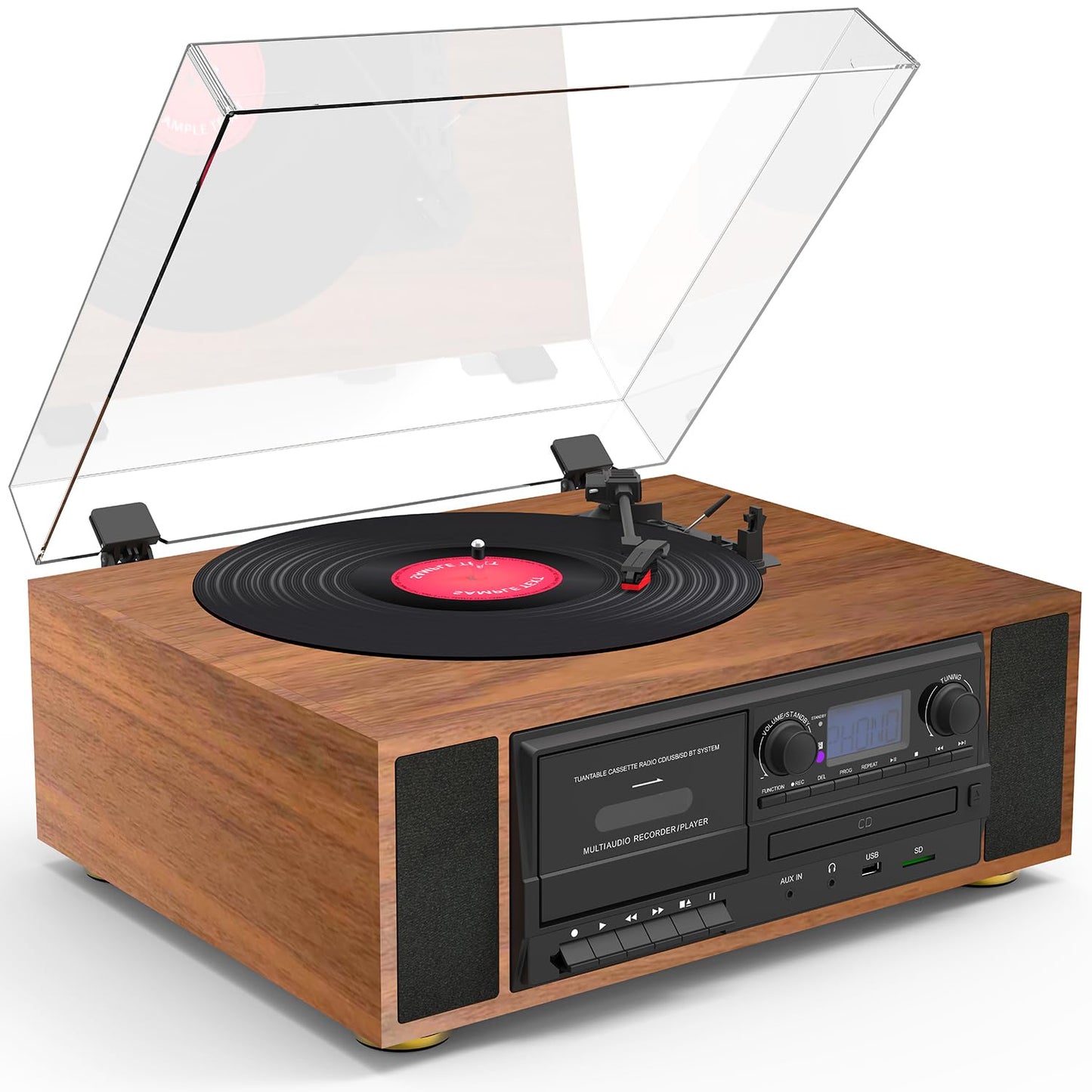Boytone BT-38SM - Sistema de tocadiscos clásico Bluetooth, radio AM/FM, reproductor de CD/casete, 2 altavoces estéreo integrados, grabación de vinilo, radio y casete a MP3, ranura SD, USB, AUX.