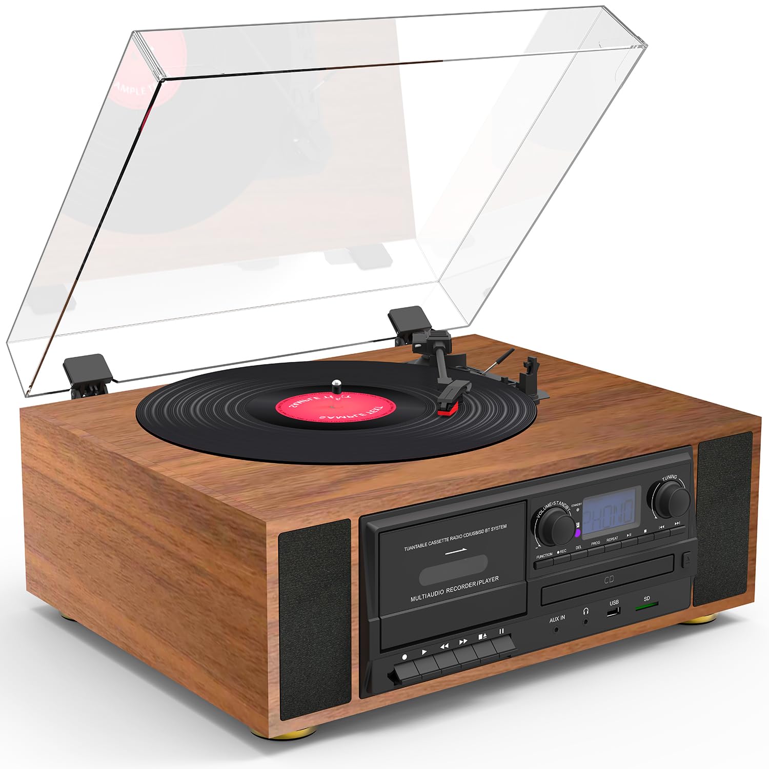 Boytone BT-38SM - Sistema de tocadiscos clásico Bluetooth, radio AM/FM, reproductor de CD/casete, 2 altavoces estéreo integrados, grabación de vinilo, radio y casete a MP3, ranura SD, USB, AUX.