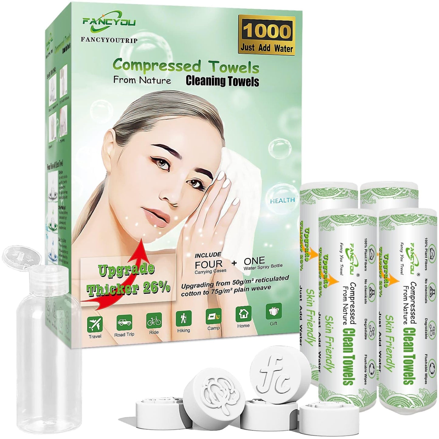 Fancyou Toalla Facial Desechable Comprimida Toallitas Desmaquillantes - Mini Paños Biodegradables Cara - Wipes Quitar Maquillaje Kit Viaje para Travel Essentials,Belleza Salón(1000 Unidad Verde)