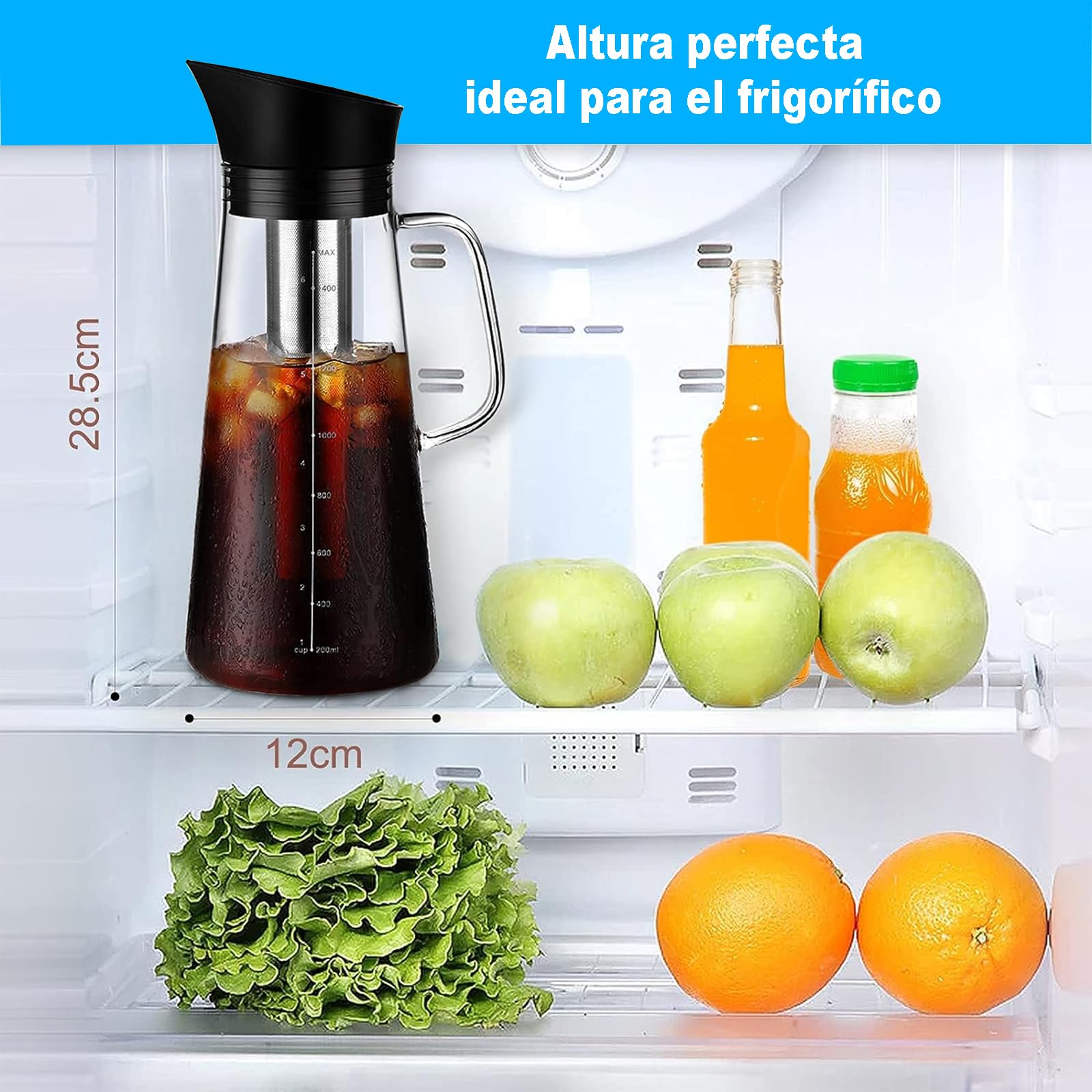 Café En Frío Cold Brew Jarra De Vidrio,1.5 L Cafetera de infusión fría,Jarra de hielo de vidrio con filtro de acero inoxidable extraíble y tapa de sellado, perfecta para té de frutas o café