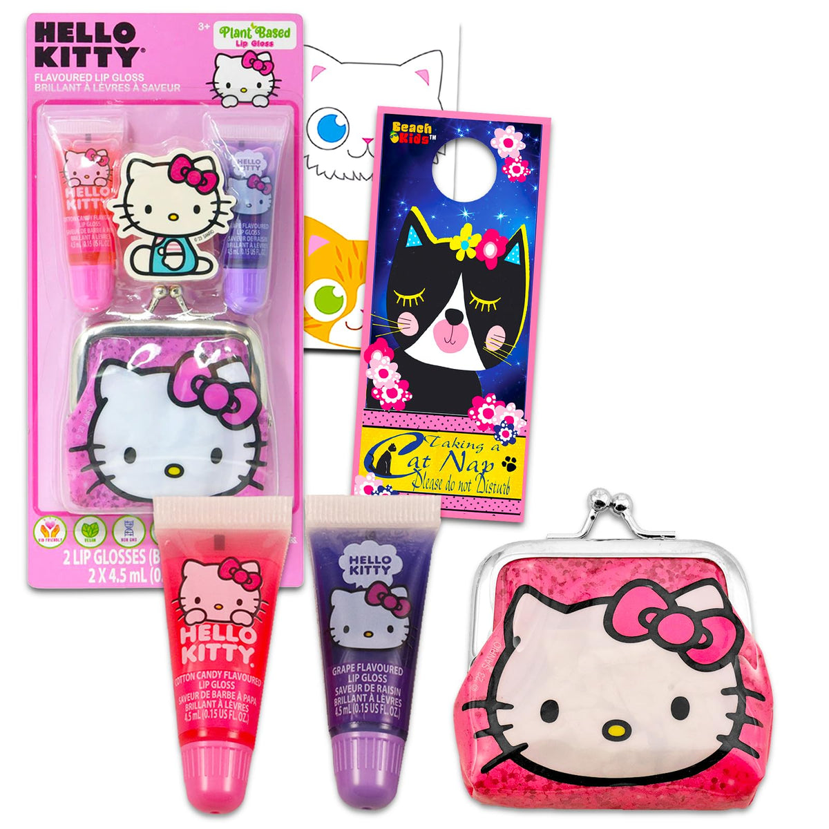 Hello Kitty Tubos De Bálsamo Labial: Paquete Con 2 Bálsamos Labiales De Sabores Surtidos Para Regalos De Fiesta, Además De Monedero Y Pegatinas.