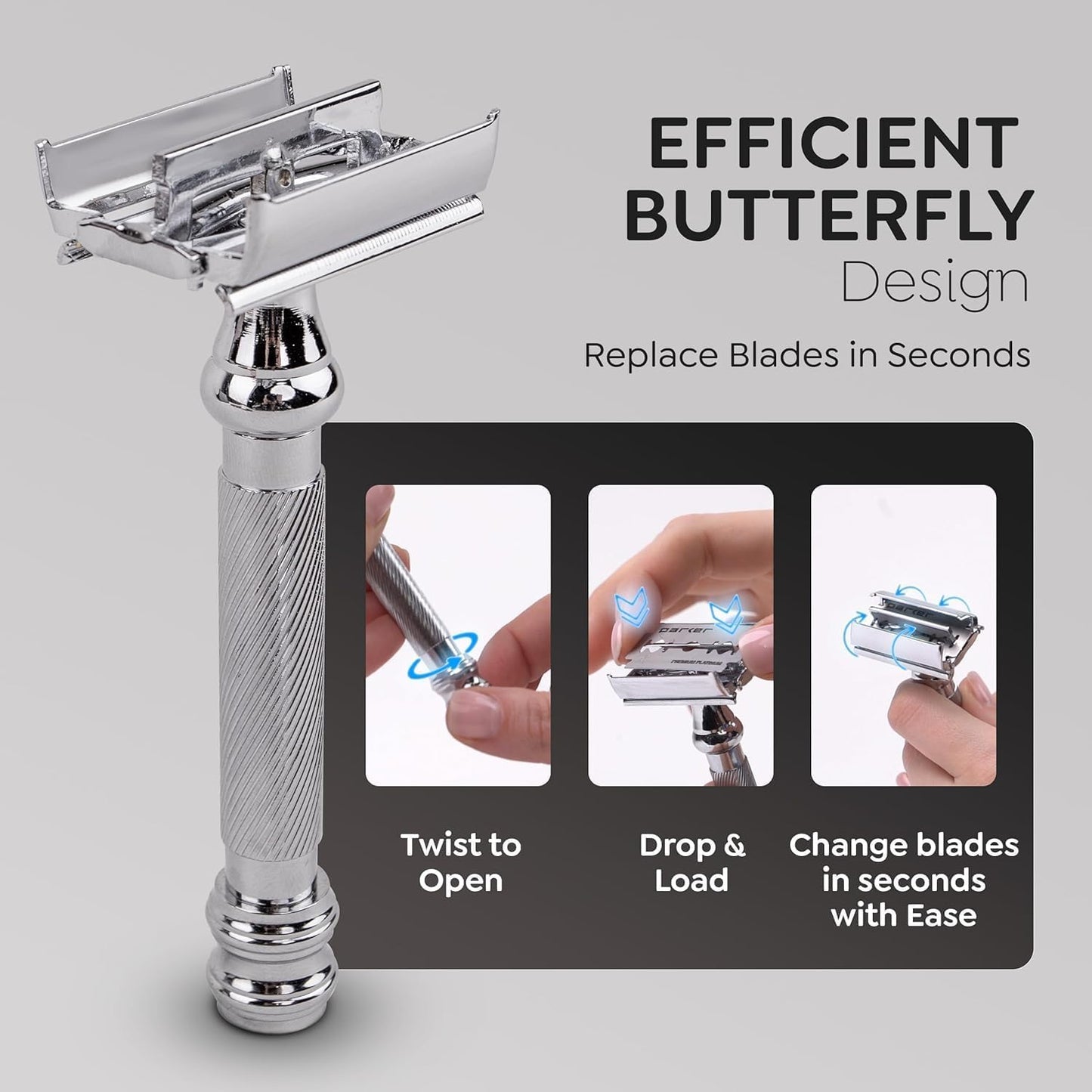 Parker 99R - Maquinilla de Afeitar de Seguridad de Doble Filo con Mango Largo SÚPER PESADO Mariposa Abierta y 5 hojas de Parker