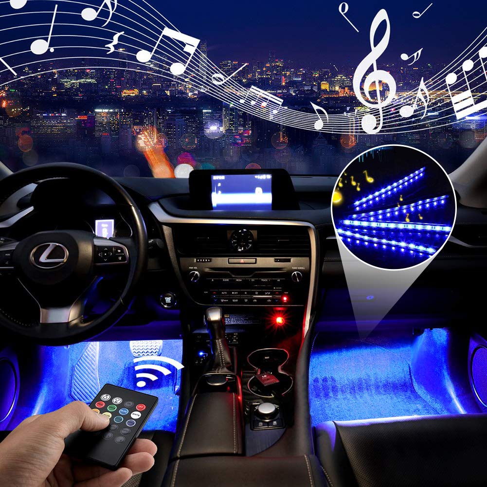 Haofy Luz Interior Coche, 4 Piezas 48 LED Lámpara de Neón Luz de Tira Multicolor Coche de Música, con Función Activa de Sonido y Control Remoto y Puertos USB y Cargador de Automóvil
