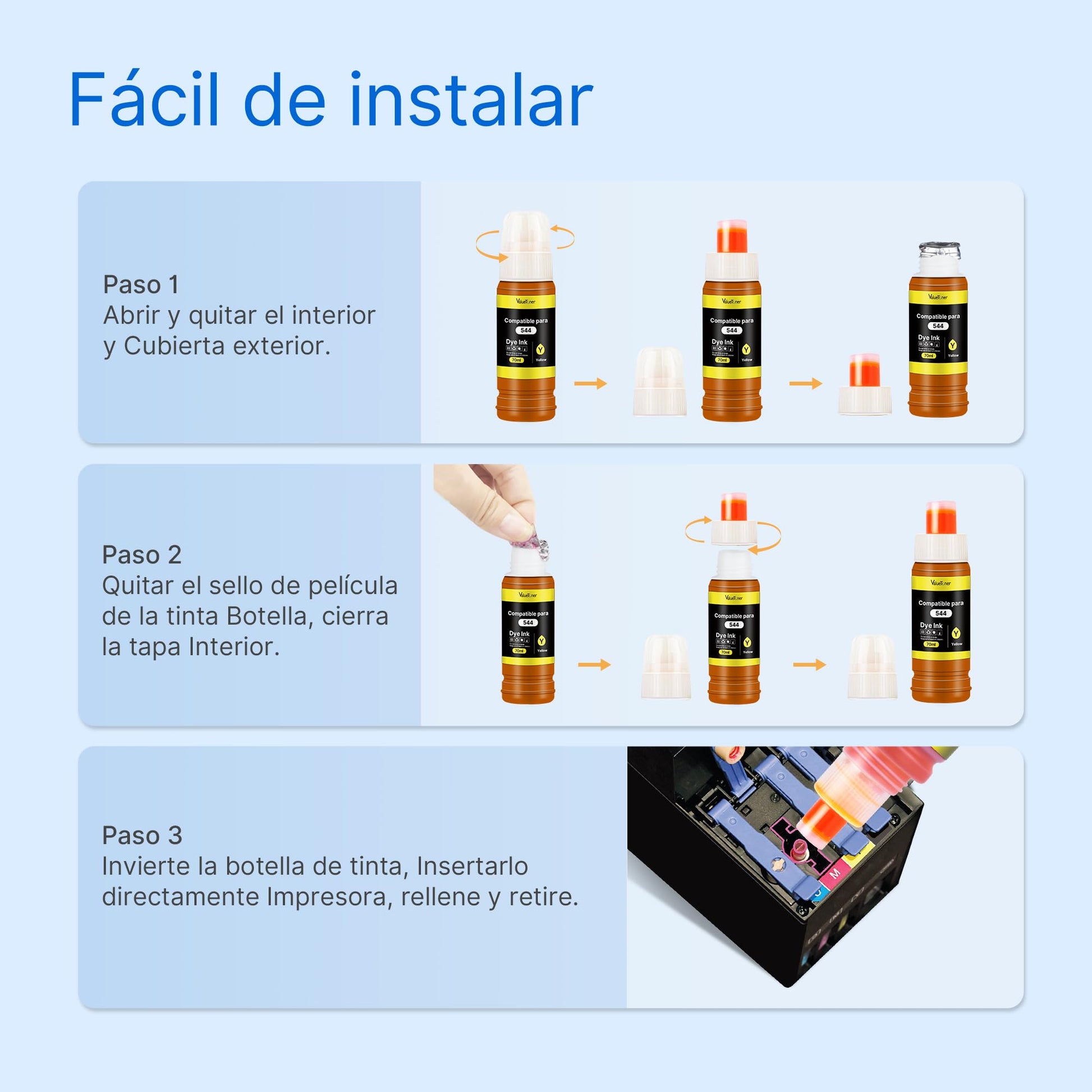 Botellas de Tinta Valuetoner Compatible con Epson 544 para Impresoras Ecotank 4 Unidades