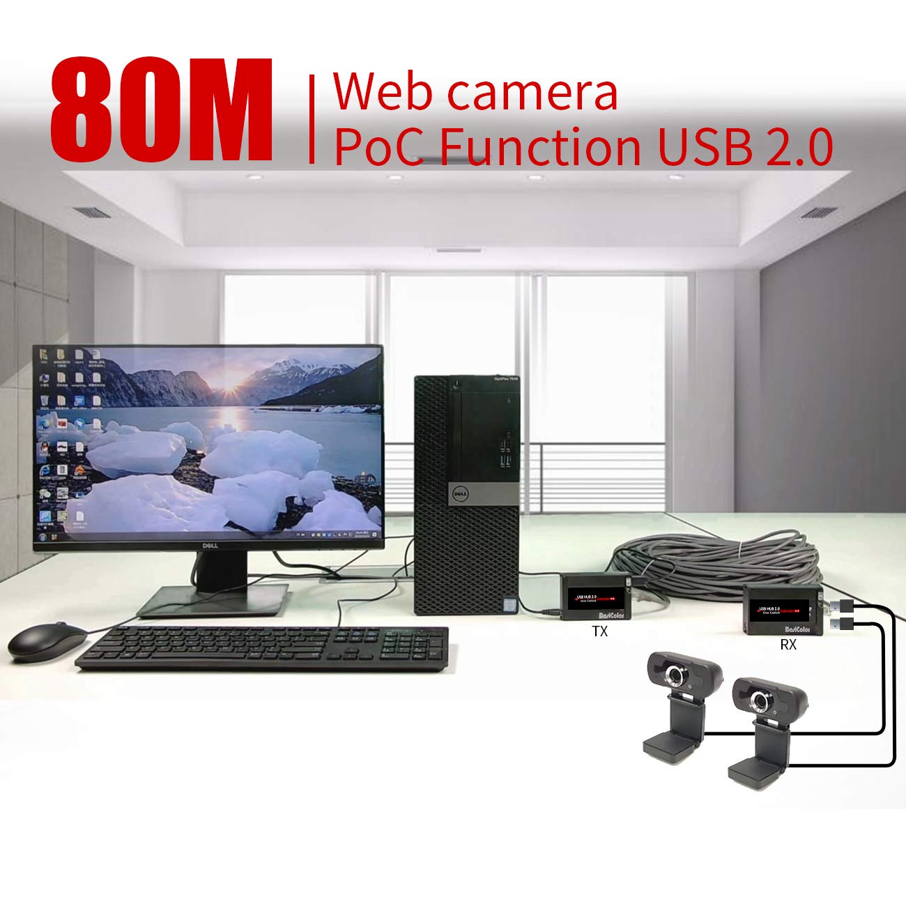 Basicolor - Extensor USB de 80 m con concentrador de 4 puertos, extensión Cat5e/6/7 a través de Ethernet, RJ45 soporta todos los sistemas operativos, Plug & Play, dos cámaras web funcionan