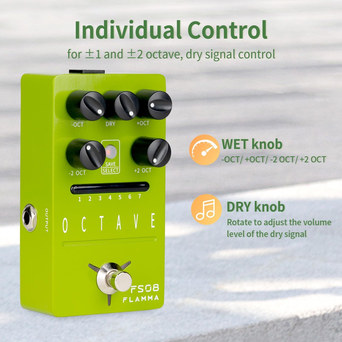 Pedal de Octava Flamma FS08 polifónico con 7 ranuras preestablecidas para Guitarra Eléctrica