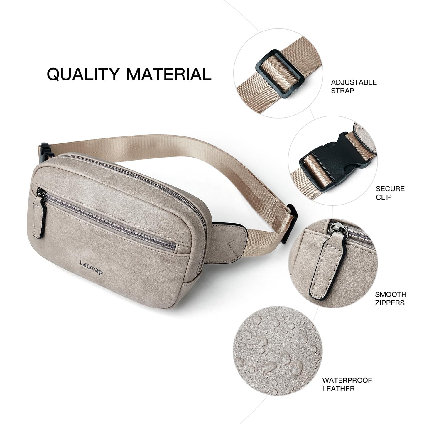 LATMAP - Riñonera de 2 L para todas partes, pequeña y a la moda, bandolera de piel sintética, impermeable, para mujer, a la moda, GrisáceoGreyish), Pequeño, Moda casual