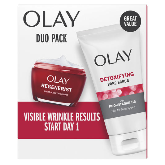 Olay Regenerist Advanced Anti-Aging exfoliante de poros limpiador (5 oz) y crema hidratante facial microesculpiante (1.7 oz) Set de regalo para el cuidado de la piel