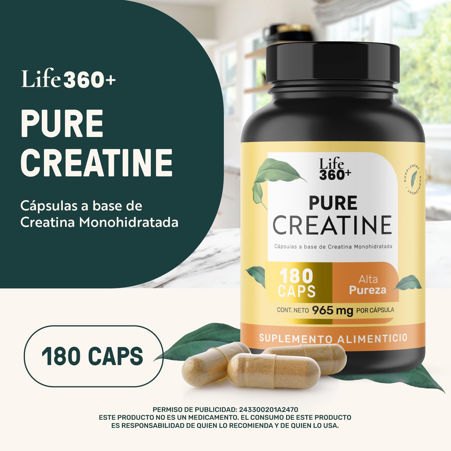 LIFE 360+ Pure Creatine | 180 Cápsulas | Creatina Monohidratada en Cápsulas | Cáps de Gelatina Dura | 60 Porciones por Envase | Sin Colorantes Añadidos