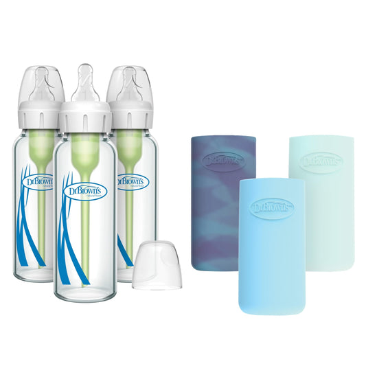 Dr. Brown's Options+ Narrow Bottle, Glass Baby Bottle with Silicone Sleeve Variety Pack 8 Ounce - Glow/Blue/Mint