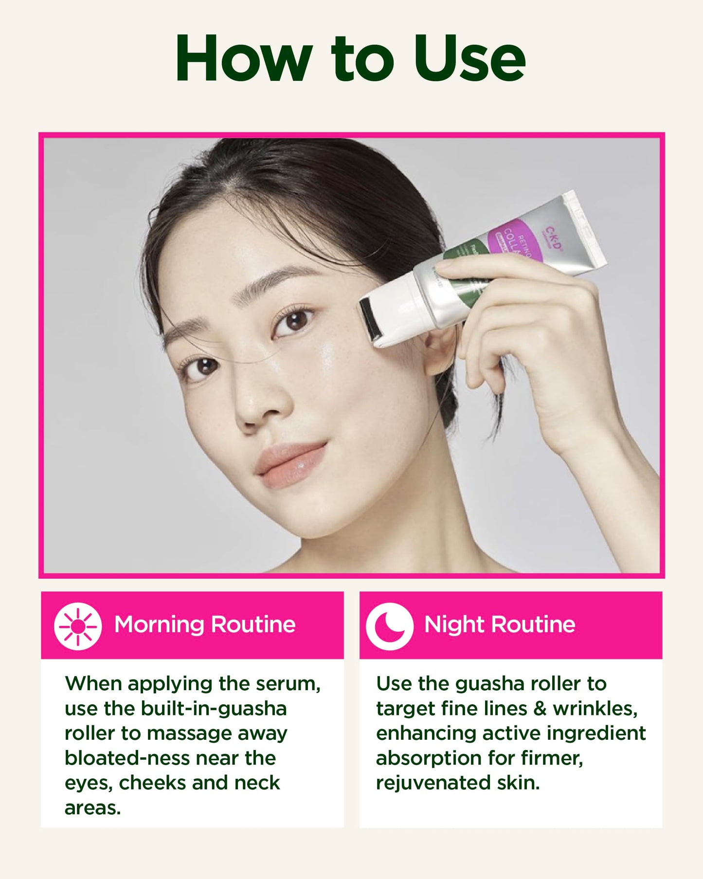 Suero facial CKD Gua Sha con colágeno retinol para reafirmar, tensar, hidratar y combatir el envejecimiento. Rodillo de acero inoxidable. Cuidado de la piel coreano. 1,35 fl oz