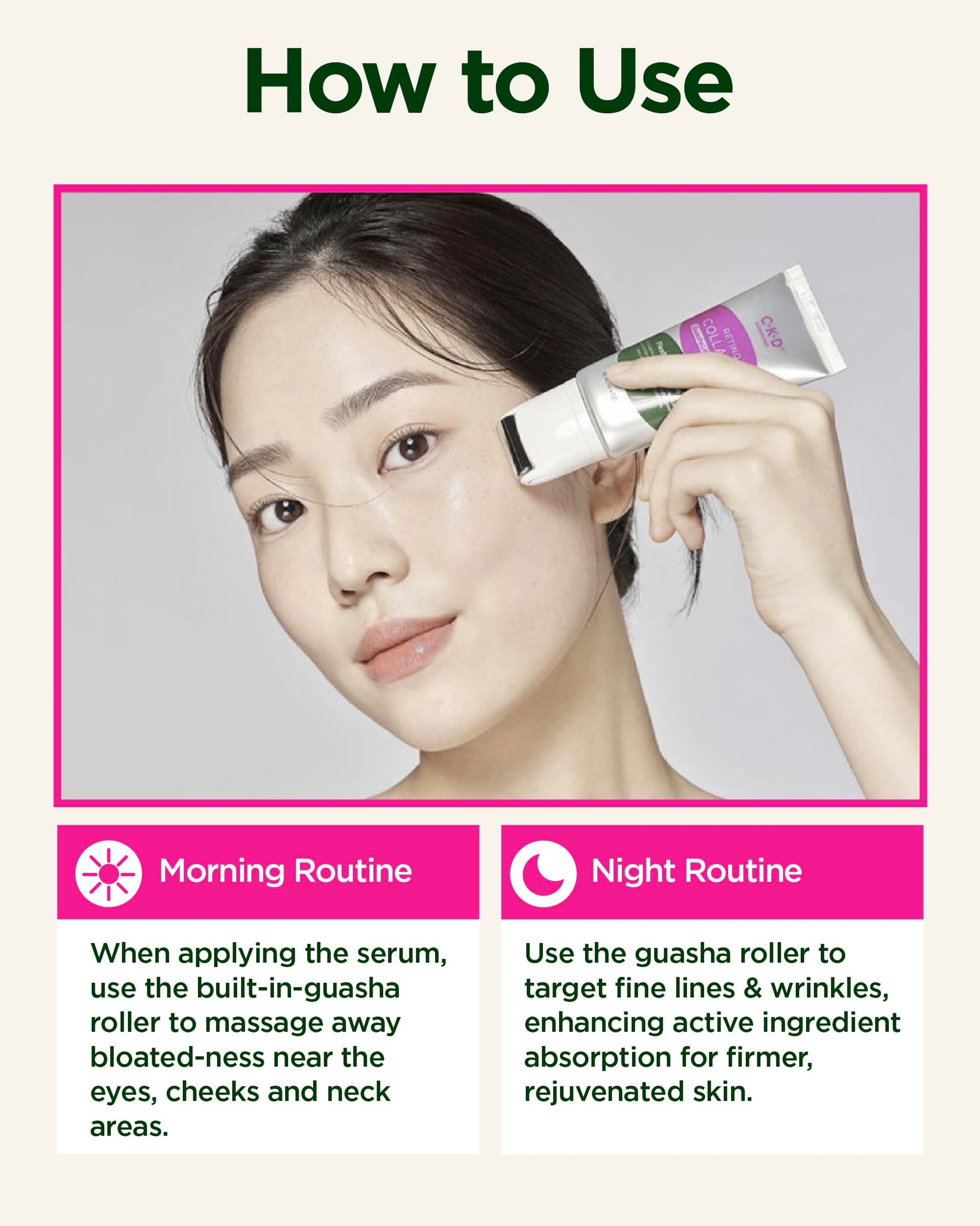 Suero facial CKD Gua Sha con colágeno retinol para reafirmar, tensar, hidratar y combatir el envejecimiento. Rodillo de acero inoxidable. Cuidado de la piel coreano. 1,35 fl oz