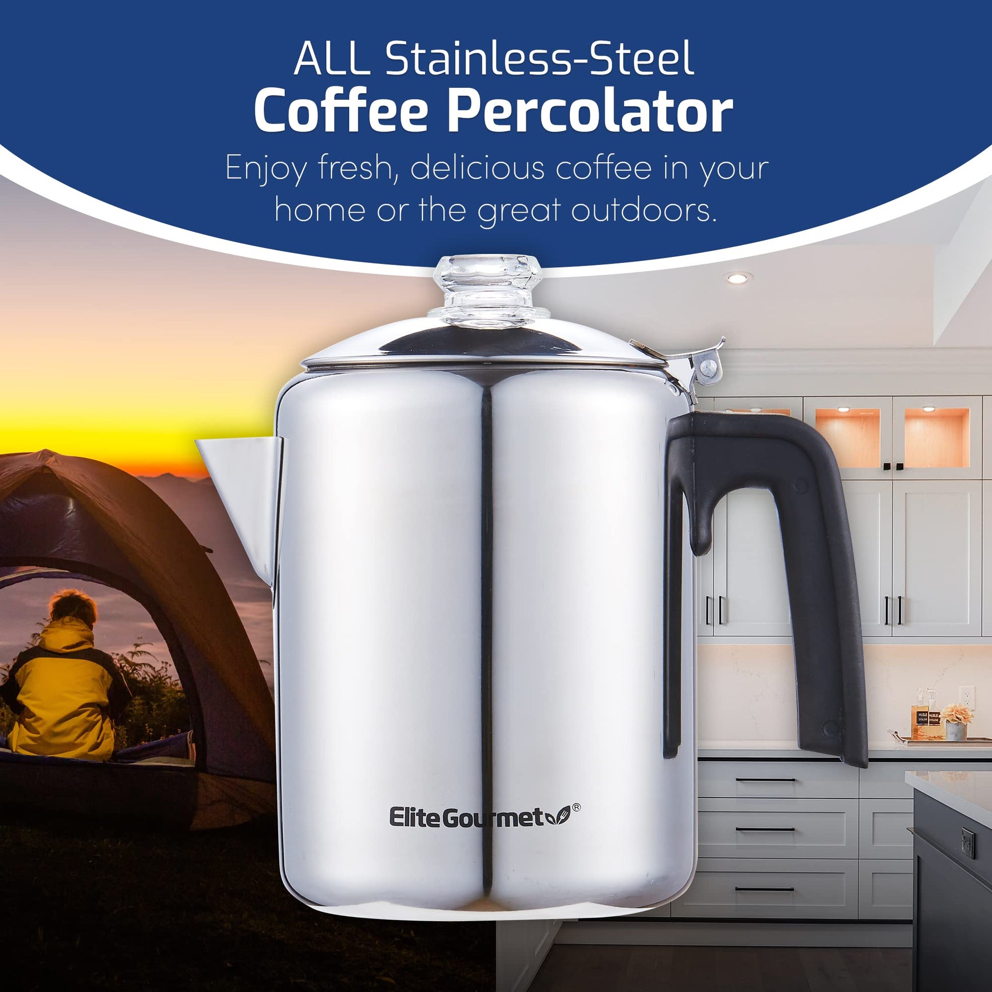 Elite Gourmet EC008 - Percolador de café clásico para estufas, perilla de progreso de cerveza transparente, mango de tacto fresco, servicio inalámbrico, 8 tazas, acero inoxidable