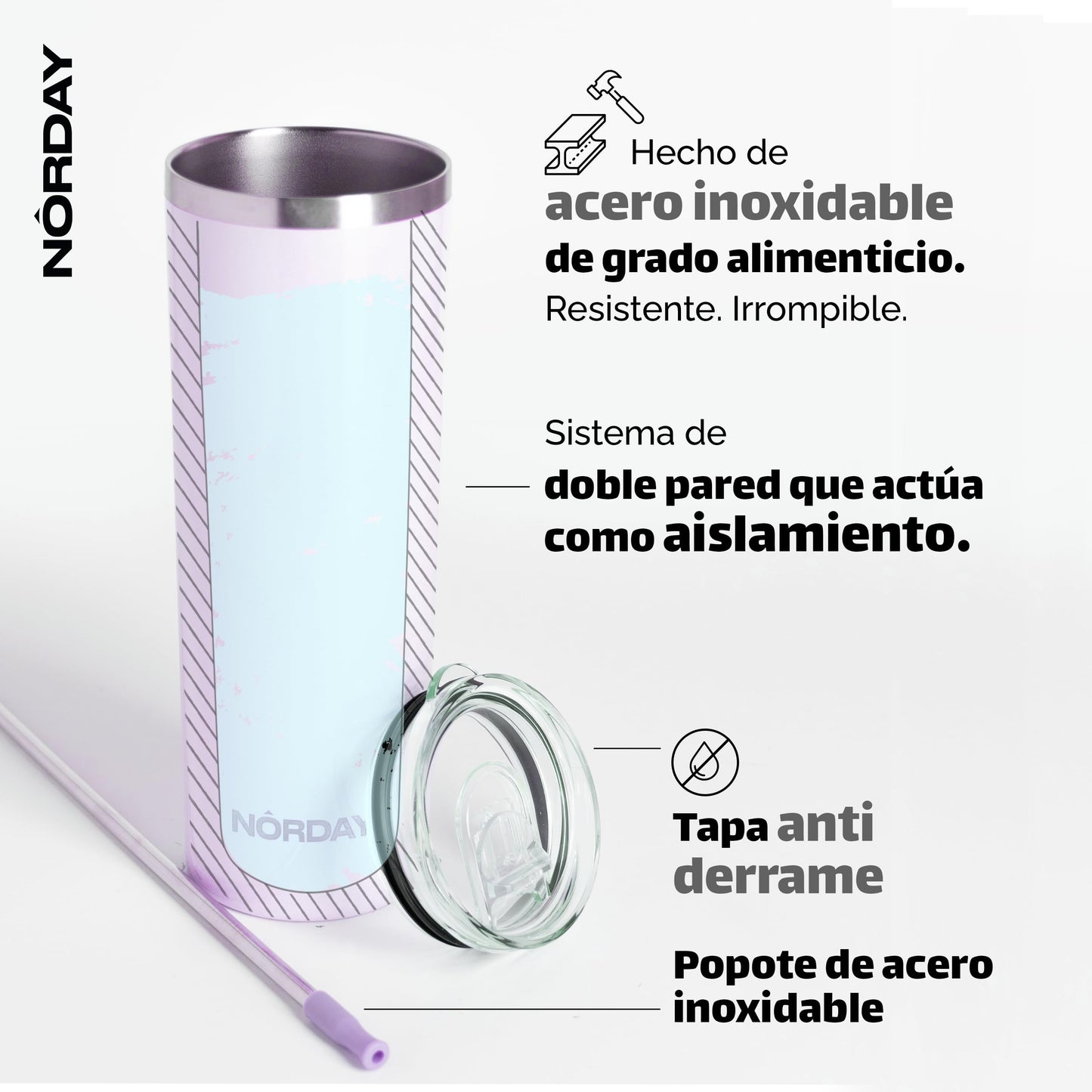 Vaso Térmico NORDAY Lavanda de Acero Inoxidable Antiderrame Doble Pared 22 oz 660 ml para Mujer y Hombre