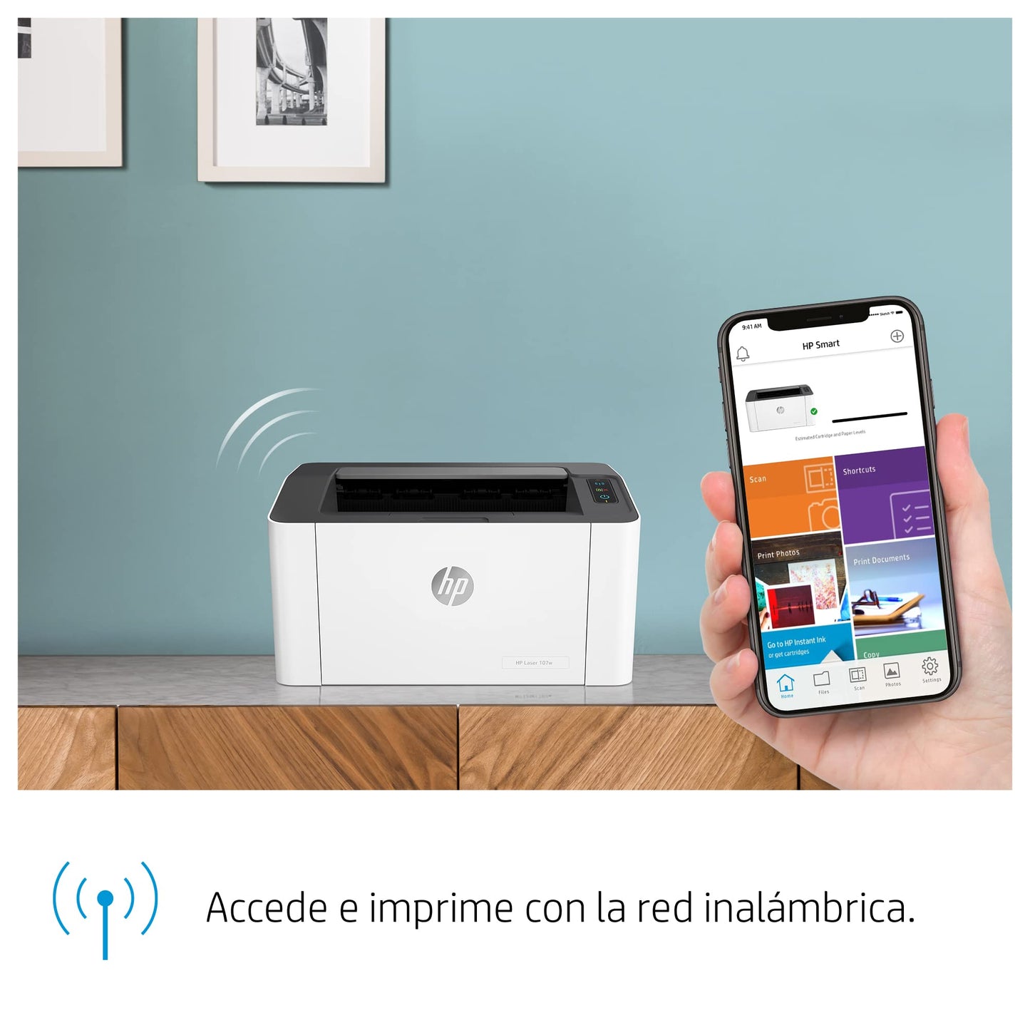 HP Impresora Laser 107w, Láser, Impresión en Negro, Wi-Fi, USB, Impresión y escanéo Smart App, Apple Air Print, Bandeja de 150 Hojas, Pantalla LED (4ZB78A)