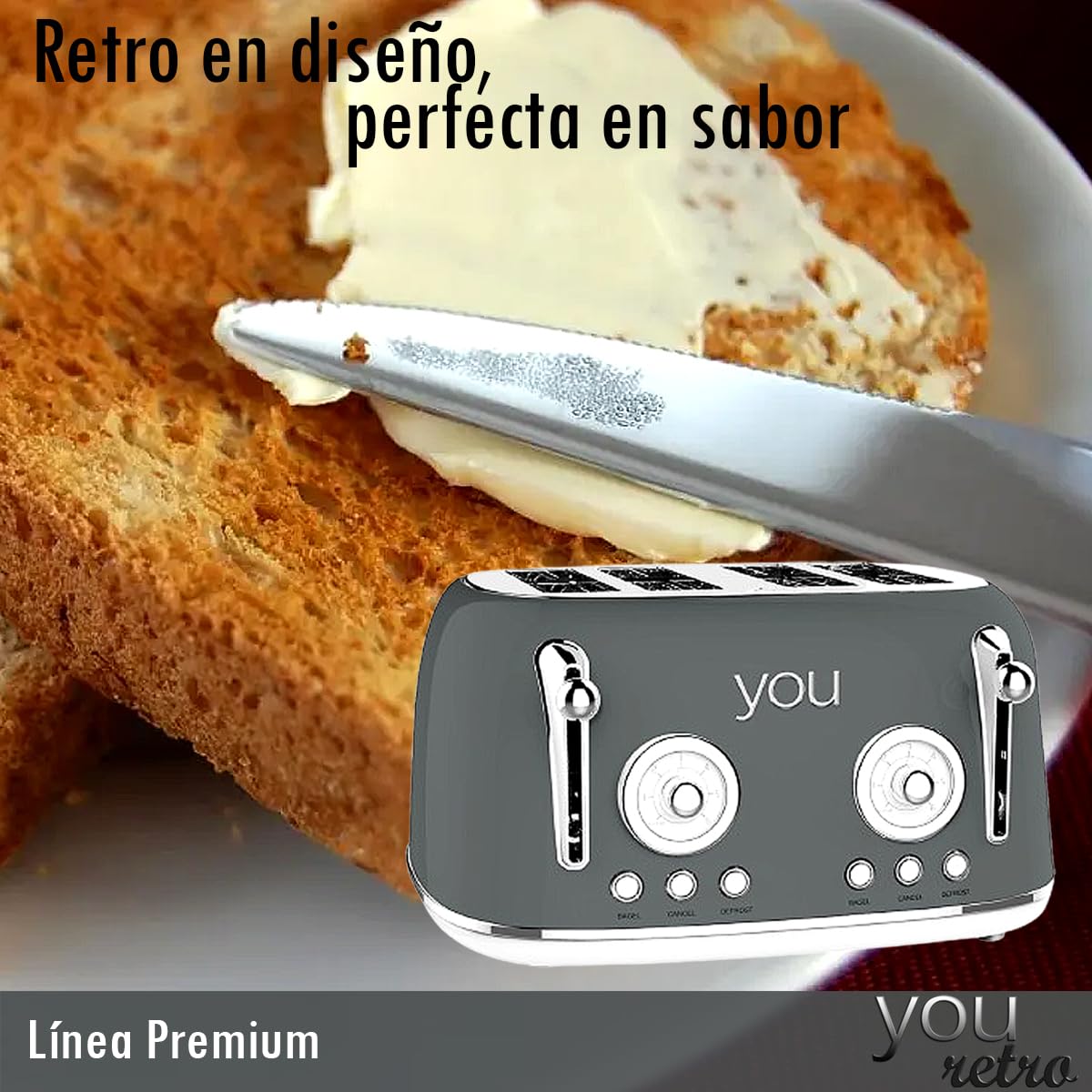 Tostadora De Pan Retro Electrica De 4 Rebanadas Con 6 Niveles Con Funcion de Cancelacion Ranura Ancha YOU