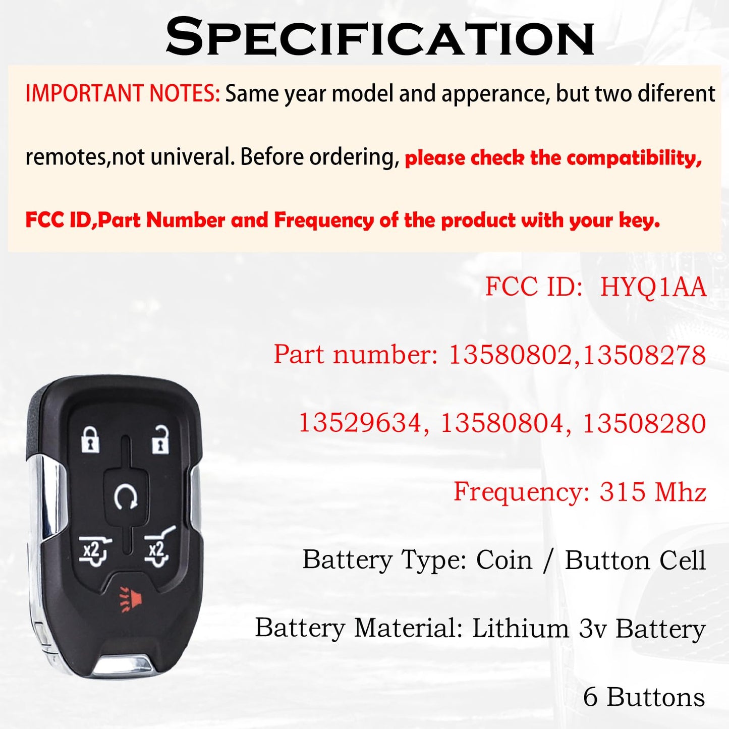 Llavero de repuesto para Chevy Suburban Tahoe GMC Yukon/Yukon XL Denali 2015 2016 2017 2018 2019 2020 botón de arranque inteligente de proximidad sin llave 13580804 autoprogramable