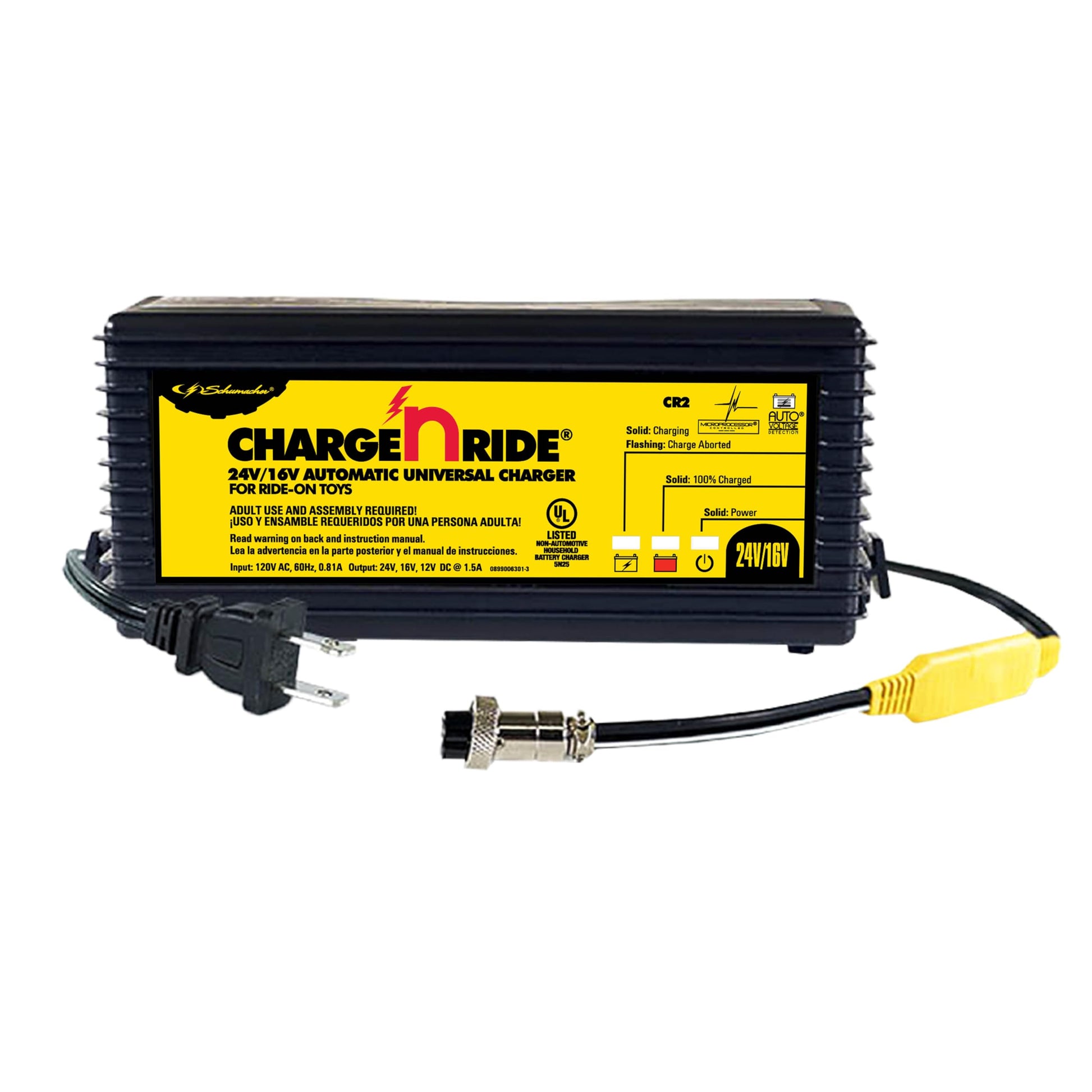 Schumacher Electric Charge 'n Ride Cargador de batería Universal y mantenedor para Juguetes de Montaje, CR2, 2 en 1, Totalmente automático, 1.5 amperios, 16 voltios, 24 voltios, Incluye Conector XLR