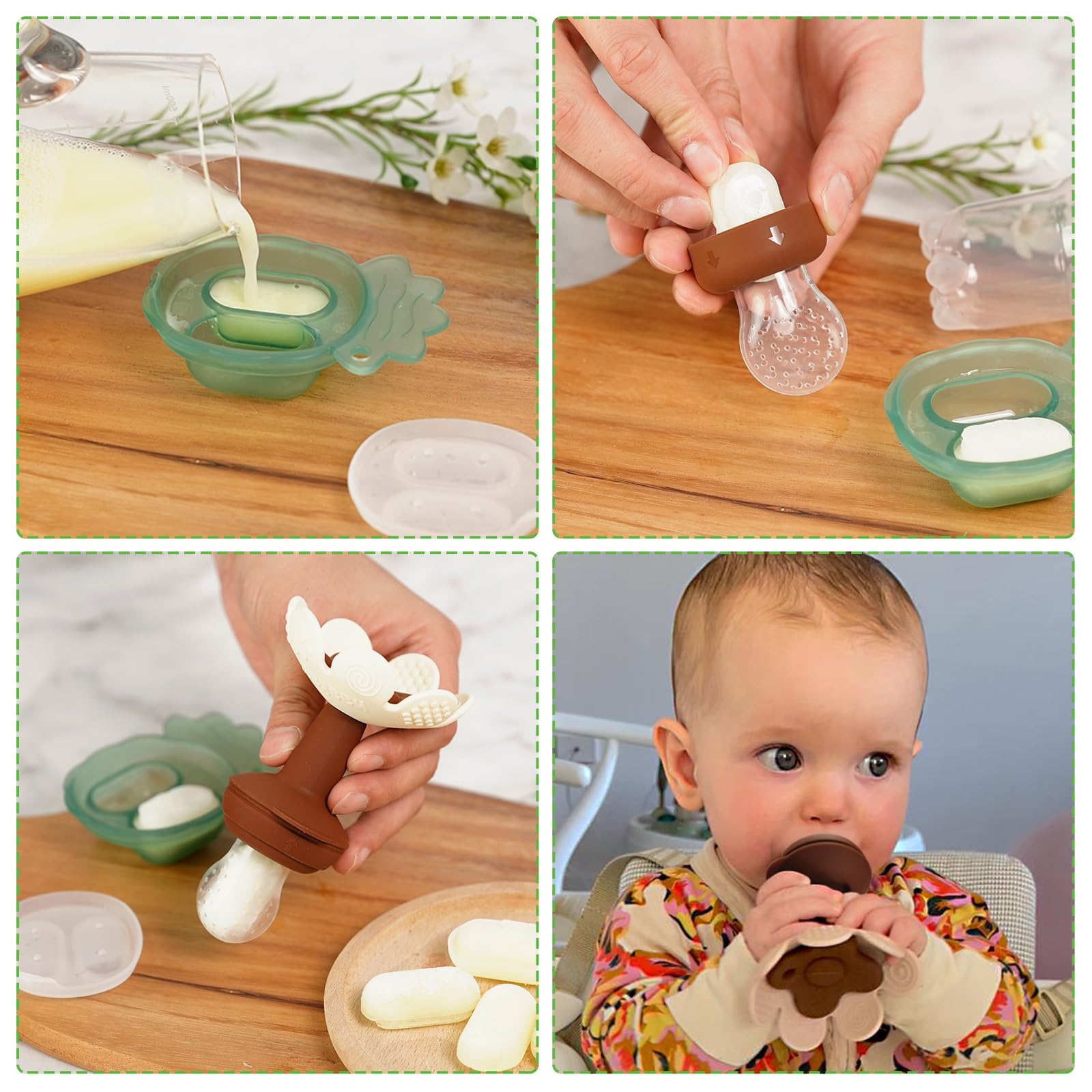 Haakaa - Alimentador de alimentos de frutas frescas para bebé con mini bandeja para congelador, molde de paletas de leche materna para alivio de enfriamiento del bebé, alimentador de malla de silicona