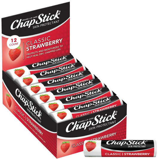 ChapStick Classic Lip Balm Skin Protectant Bulk, 12 Count, Strawberry Flavor, 0.15 Ounce