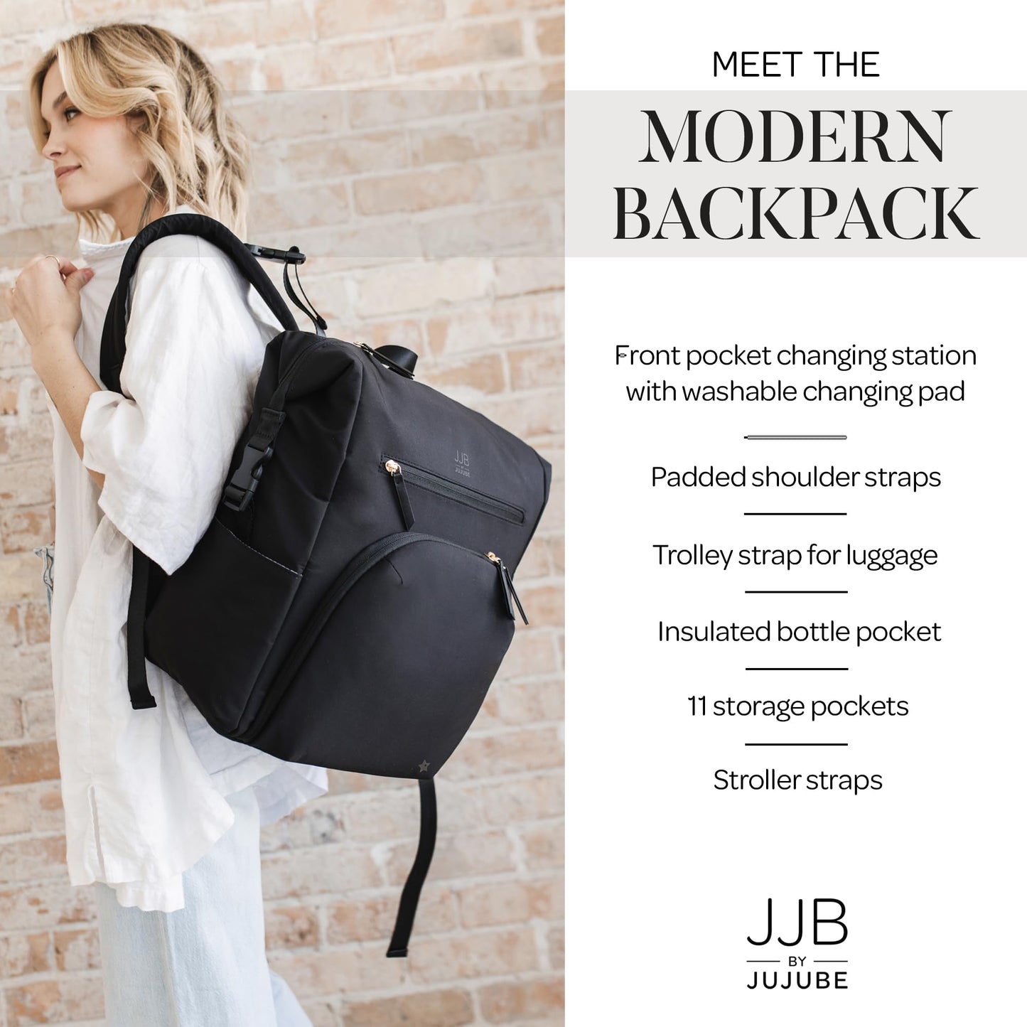 Mochila para pañales JuJuBe con cambiador, organizador de gran capacidad de 11 bolsillos, 2 bolsillos interiores aislados para botellas, bolsillo para toallitas, correas para cochecito, funda para