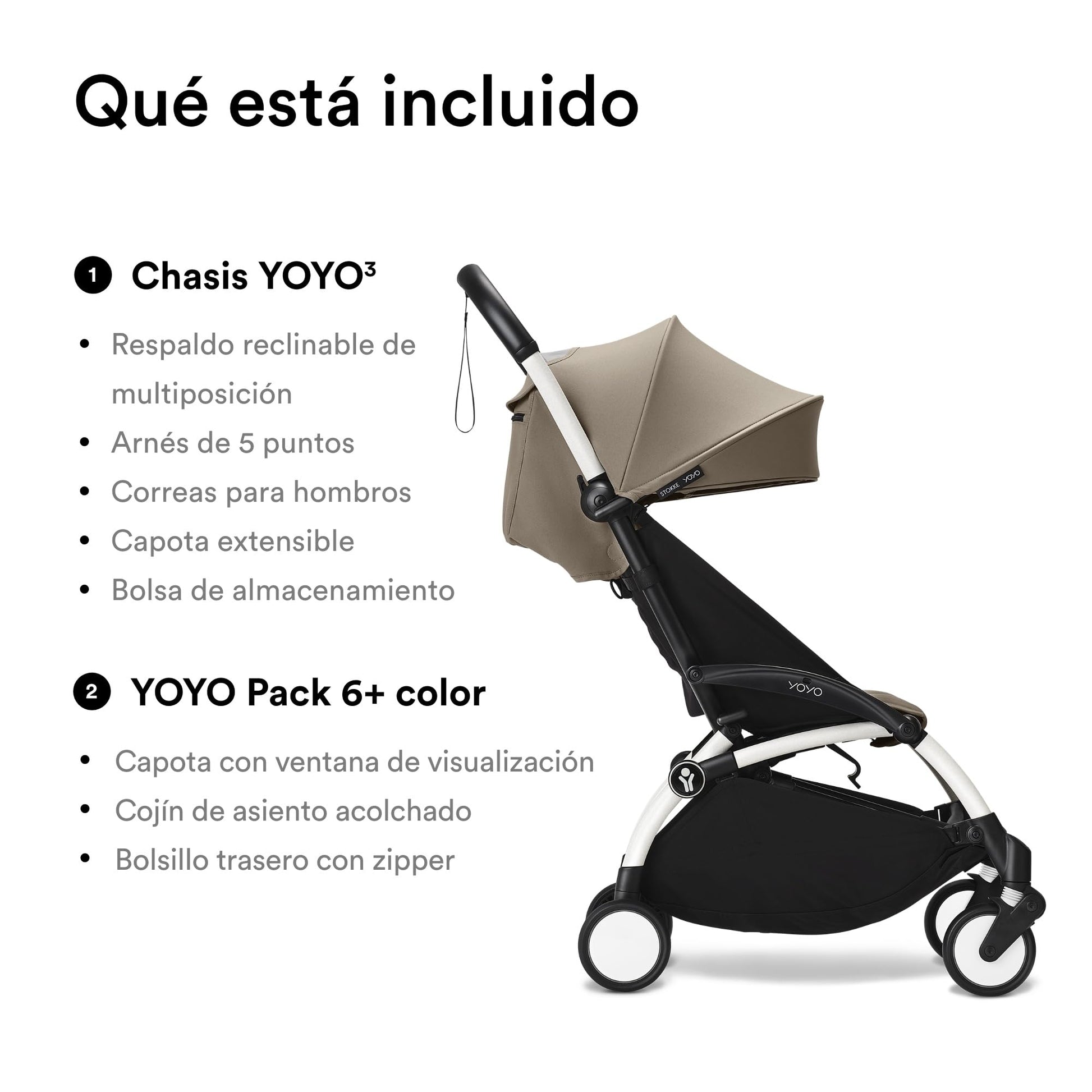 Carriola Stokke YOYO3 a partir de 6 meses - Incluye chasis blanco/cojín de asiento Taupe + dosel - Se pliega y despliega en un instante - Ligeroa y compacta - Compatible con equipaje de mano