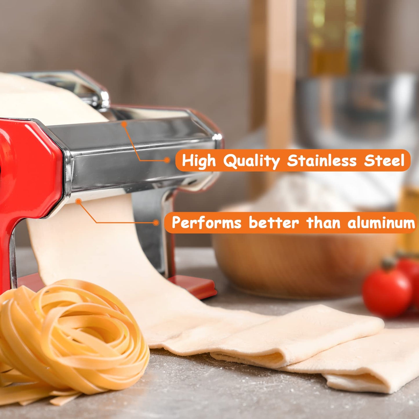 Lynndia Máquina para hacer pasta manual de acero inoxidable, 9 ajustes de grosor ajustables, incluye rodillo de pasta, cortador, mango extraíble y estante de secado de pasta, perfecto para espaguetis