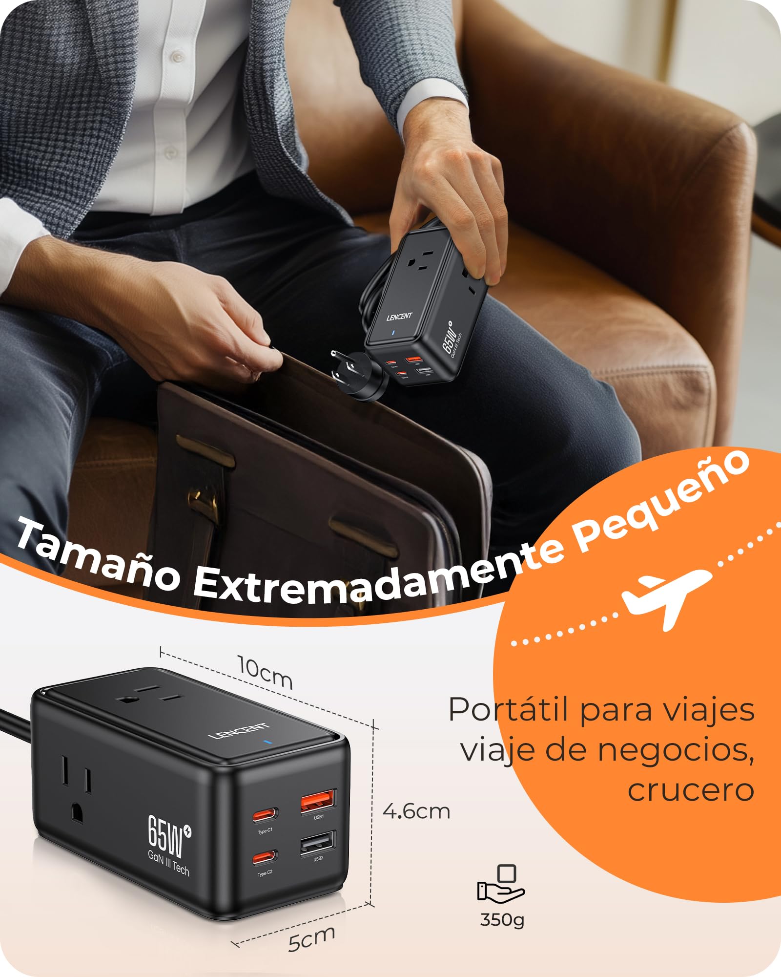 LENCENT Cargador USB C y PD 65W, Cargador Rápido GAN III Tech con 3 Tomas CA + 4 Puertos USB, Estación de Carga USB C de Cable para iPhone, iPad, Macbook, Galaxy, Huawei, Switch y más, Negro