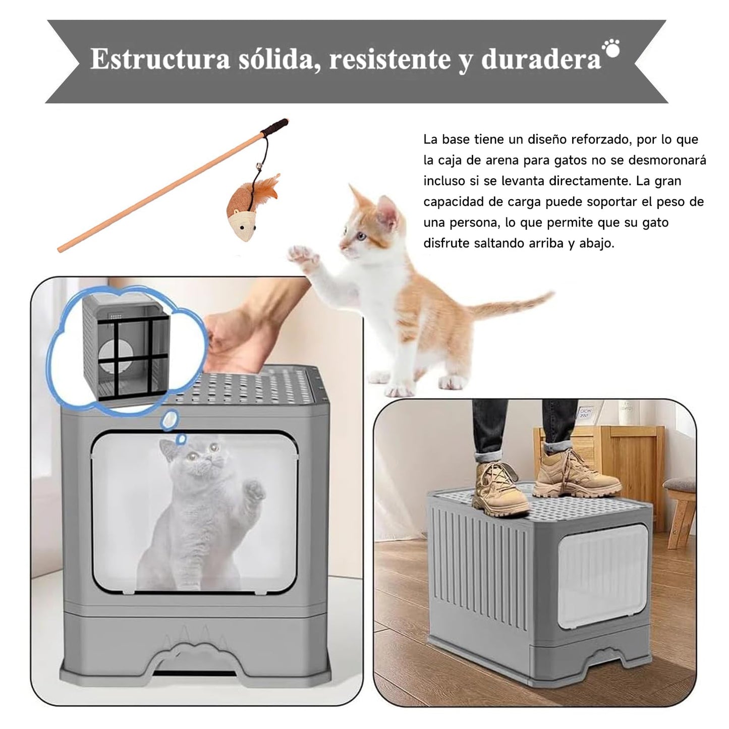Arenero para Gato Cerrada: Removibles Plegable Arenero 50*40*40cm,Gran Caja de Arena para Gatos,Antiolor Prueba de Salpicaduras,Facil de Limpiar,con Puertas y Entradas Cubiertas Incluye Pala (Gris)