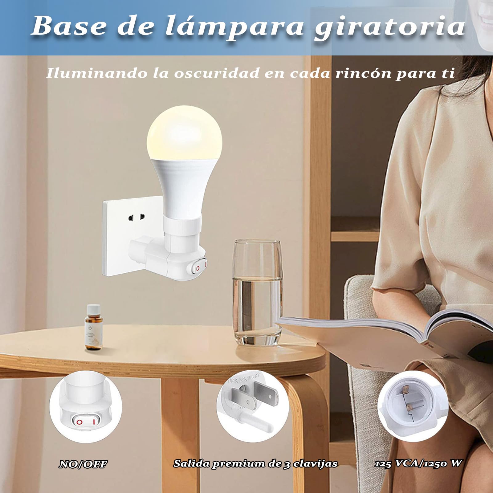 MOSU Enchufe de luz enchufable,Adaptador de extensión de Enchufe E26/E27 con Interruptor,Toma de Corriente de 3 Clavijas a Enchufe Giratorio de 360°,Adecuado para porches,Patios,garajes(Pack de 2)
