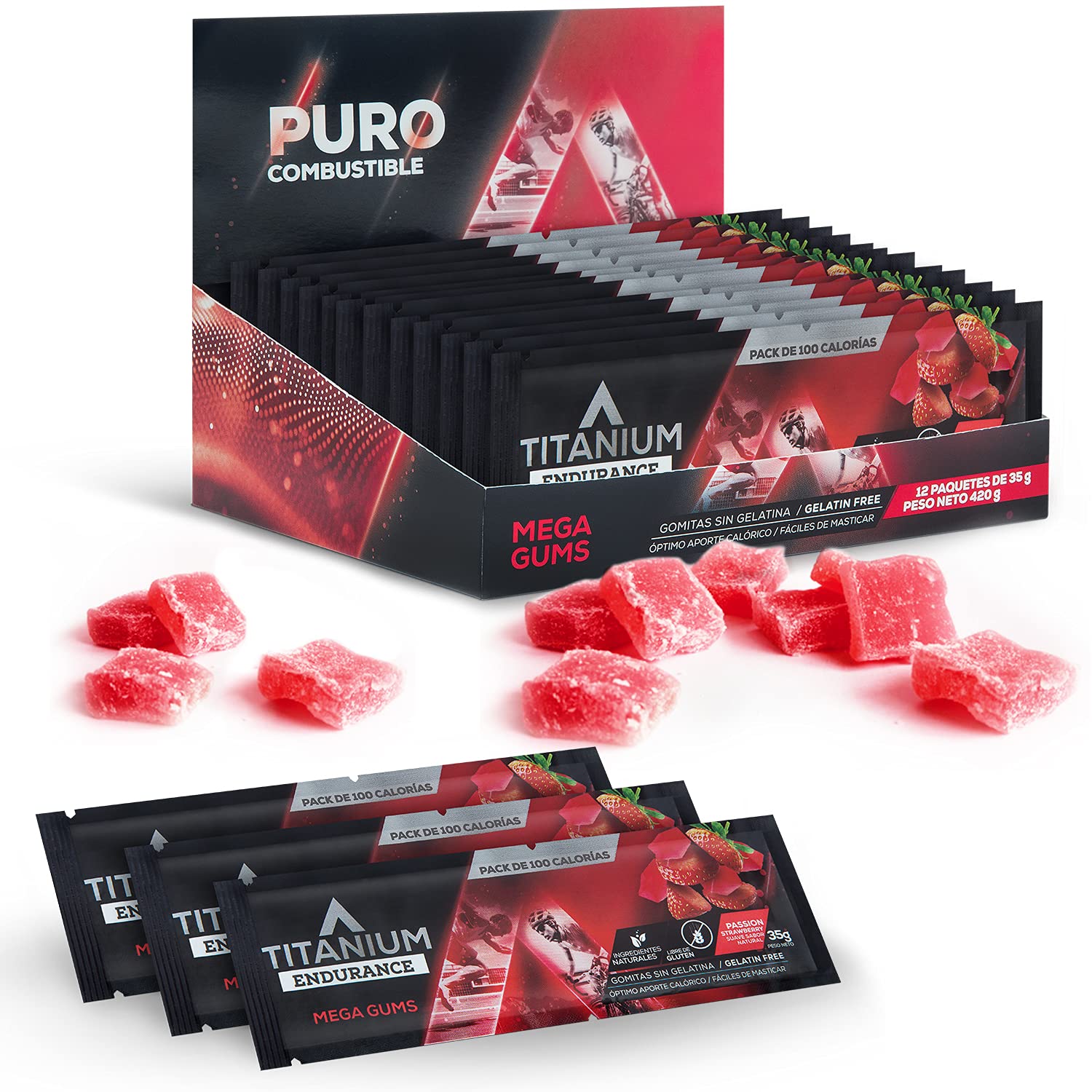 Gomitas Energéticas TITANIUM Fresa con Glucosa Alternativa a Geles Deportivos para Ciclismo y Corredores Caja 12 pzas