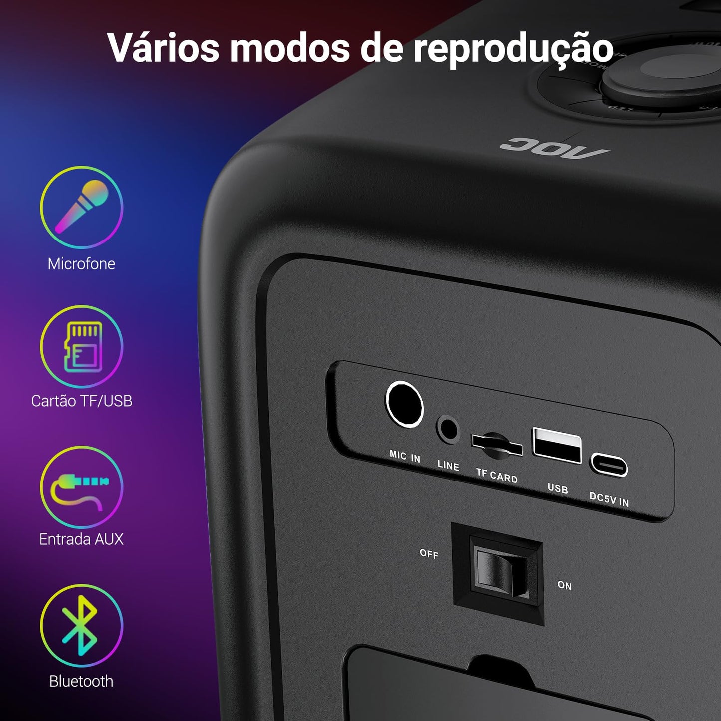AOC ACS3221 Altavoz inalámbrico para Fiestas en Interiores y Exteriores de 55 cm con subwoofer 3600mAh 50W, Altavoz Amplificador RGB Recargable Profesional, Fiesta USB/TF/AUX/Mic/TWS/FM/BT