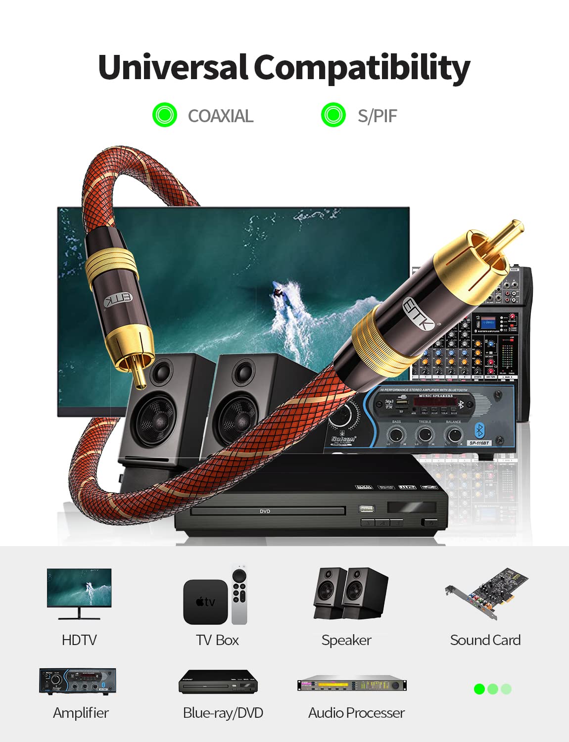 EMK - Cable de audio coaxial digital para subwoofer (RCA a RCA, doble apantallamiento, chapado en or