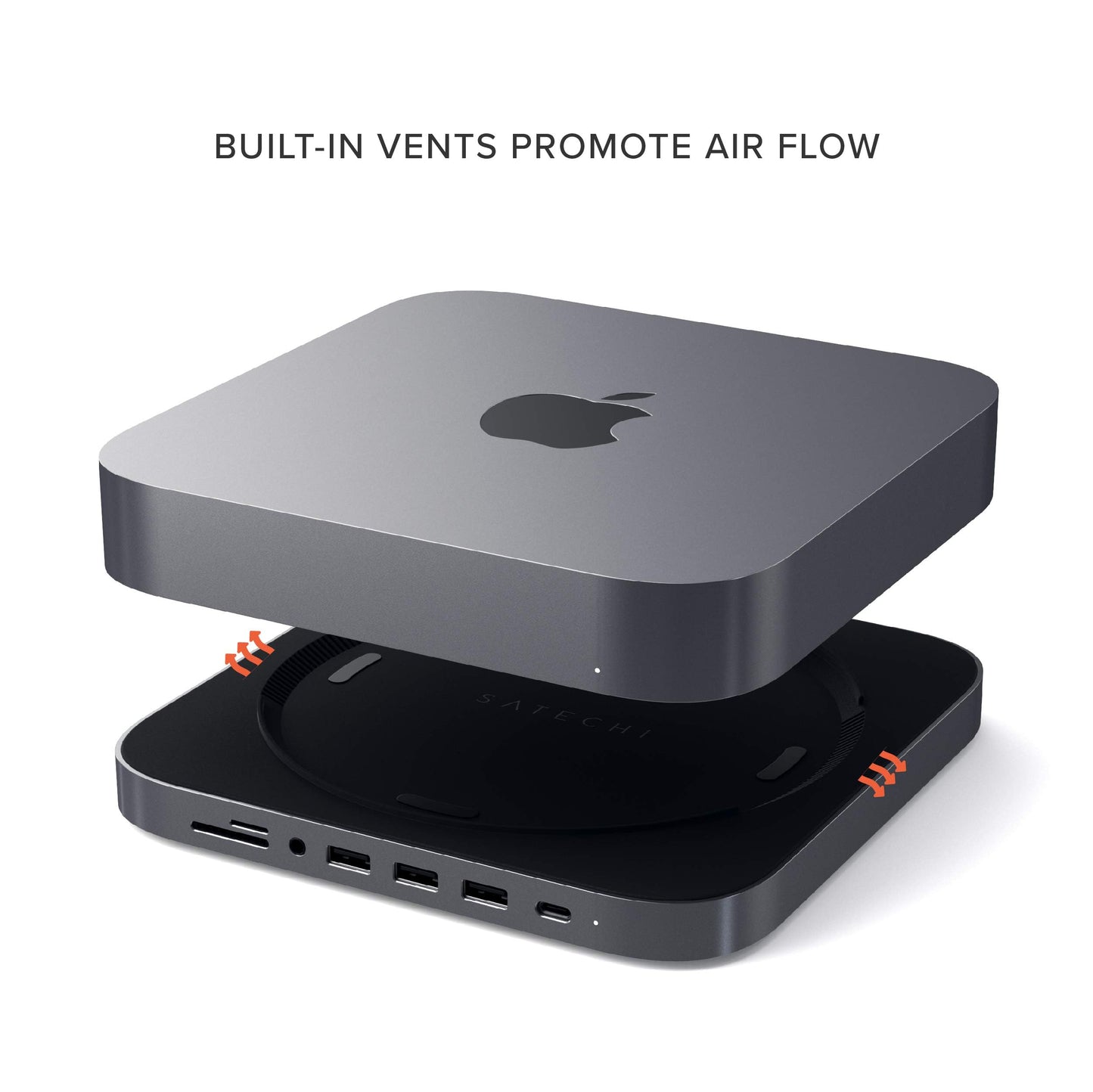 Soporte y Hub Tipo-C SATECHI Gris Espacial con Puerto de Datos USB-C y Lectores de Tarjetas para Mac Mini y Mac Studio