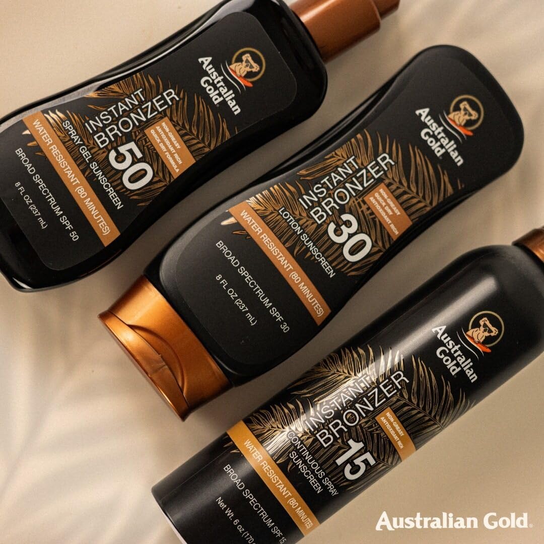 Australian Gold Spray Gel Sunscreen with Instant Bronzer SPF 4, 8 Ounce | Moisturize & Hydrate Skin | Broad Spectrum | Water Resistant | Non-Greasy | Oxybenzone Free | Cruelty Free