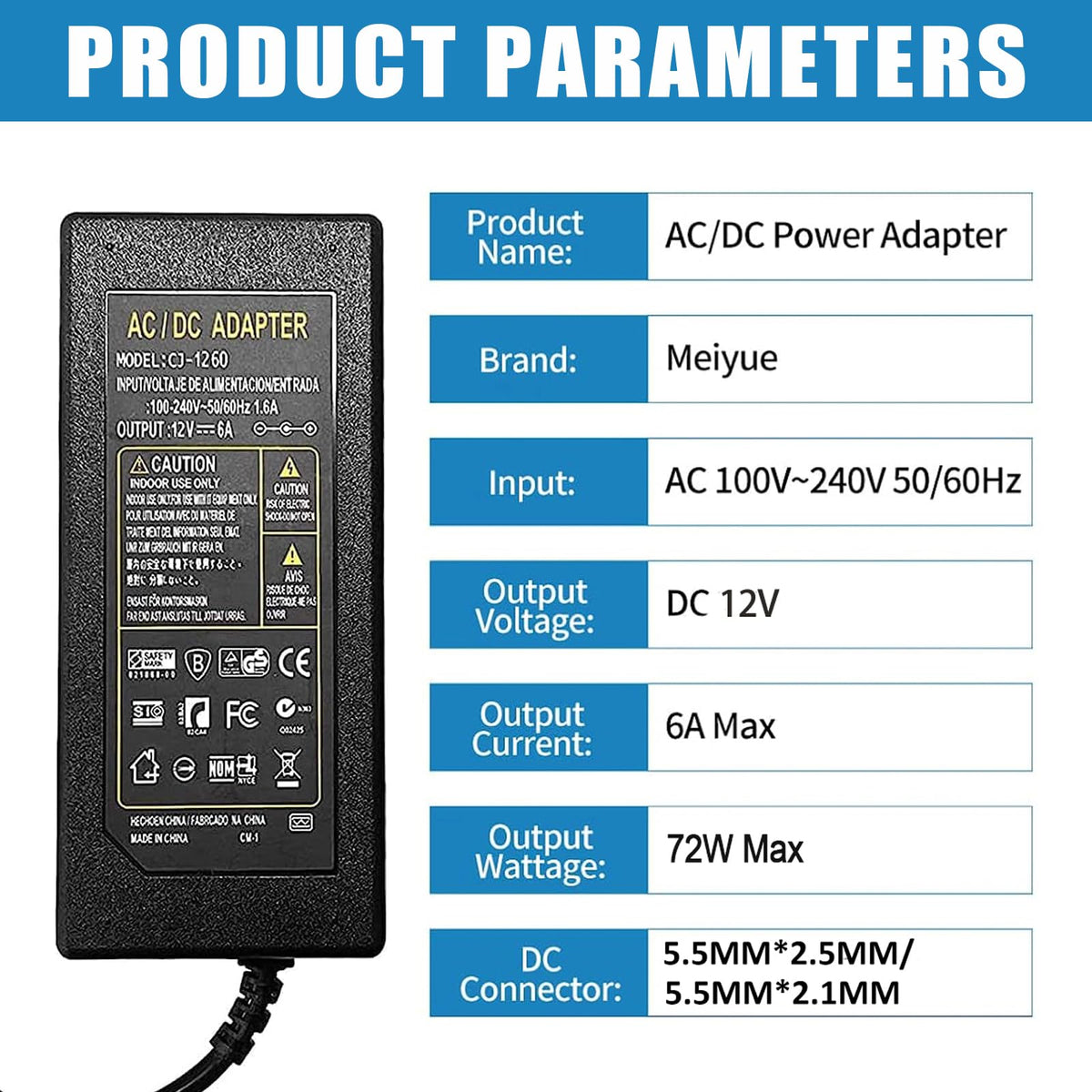 Adaptador de Alimentación Meiyue Negro 12V 6A para Luces de Barra LED