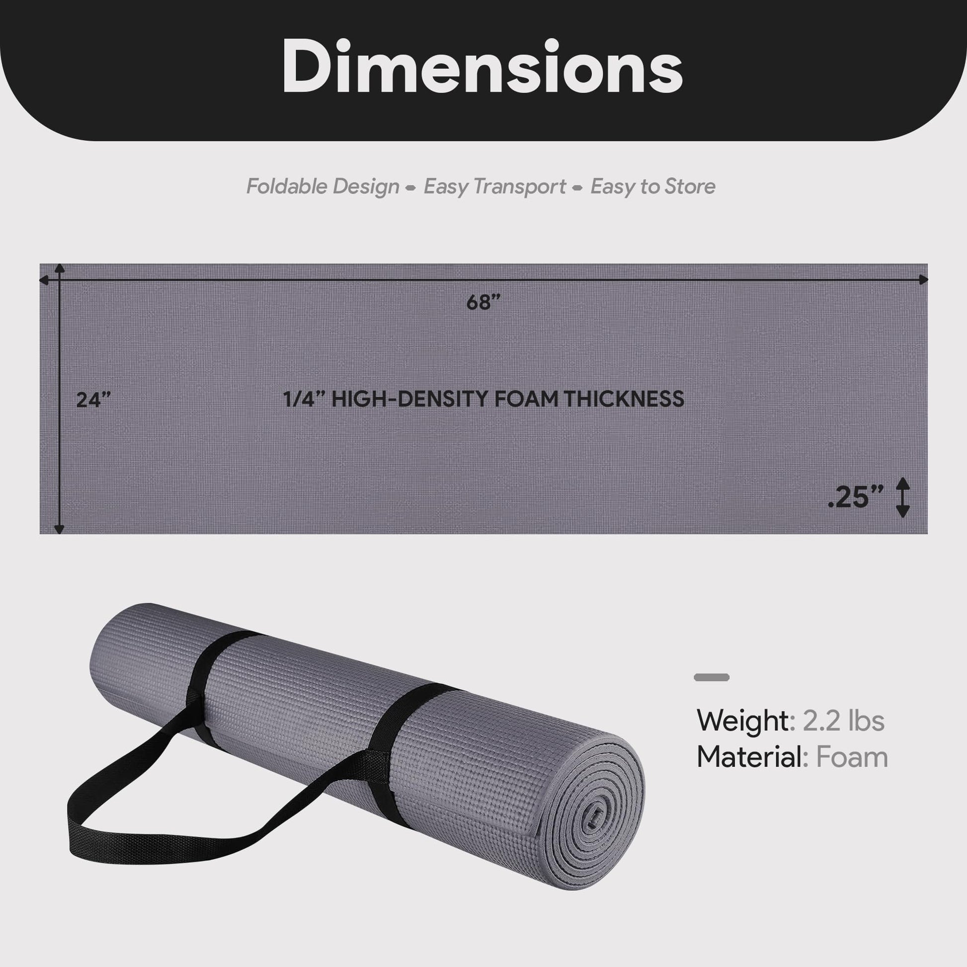 BalanceFrom BFGY-P1GY GoYoga, Tapete de Yoga Multiusos de Alta Densidad Antideslizante con Correa de Transporte, Gris, 1/4 pus
