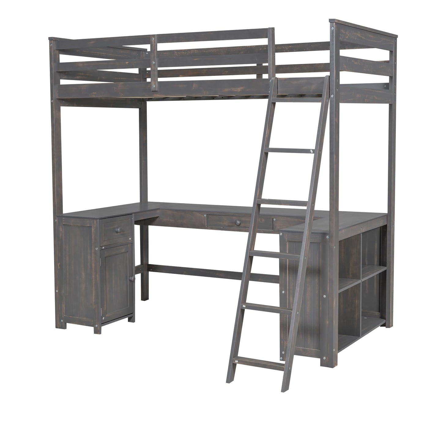 YOPTO - Cama Tipo Loft de tamaño Individual con 2 cajones y estantes de Almacenamiento, Marco de Cama de Madera con computadora en Forma de U y barandillas de Longitud Completa, Escalera, Muebles de