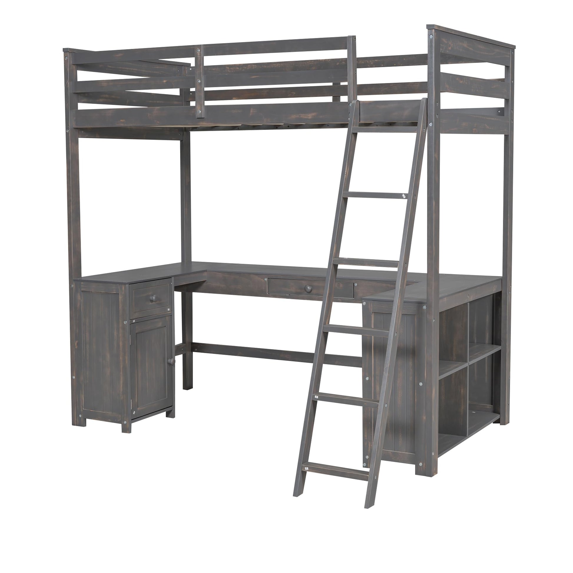 YOPTO - Cama Tipo Loft de tamaño Individual con 2 cajones y estantes de Almacenamiento, Marco de Cama de Madera con computadora en Forma de U y barandillas de Longitud Completa, Escalera, Muebles de