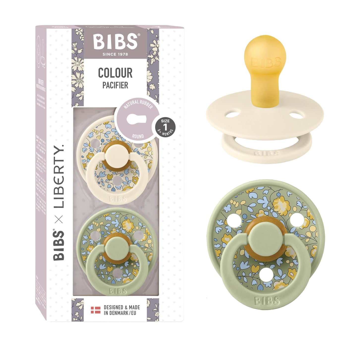 BIBS Liberty diseño Exclusivo 2 chupetes. Libre de BPA, Tetina redonda. Látex natural, Talla 1 (0-6 meses) Sage Mix