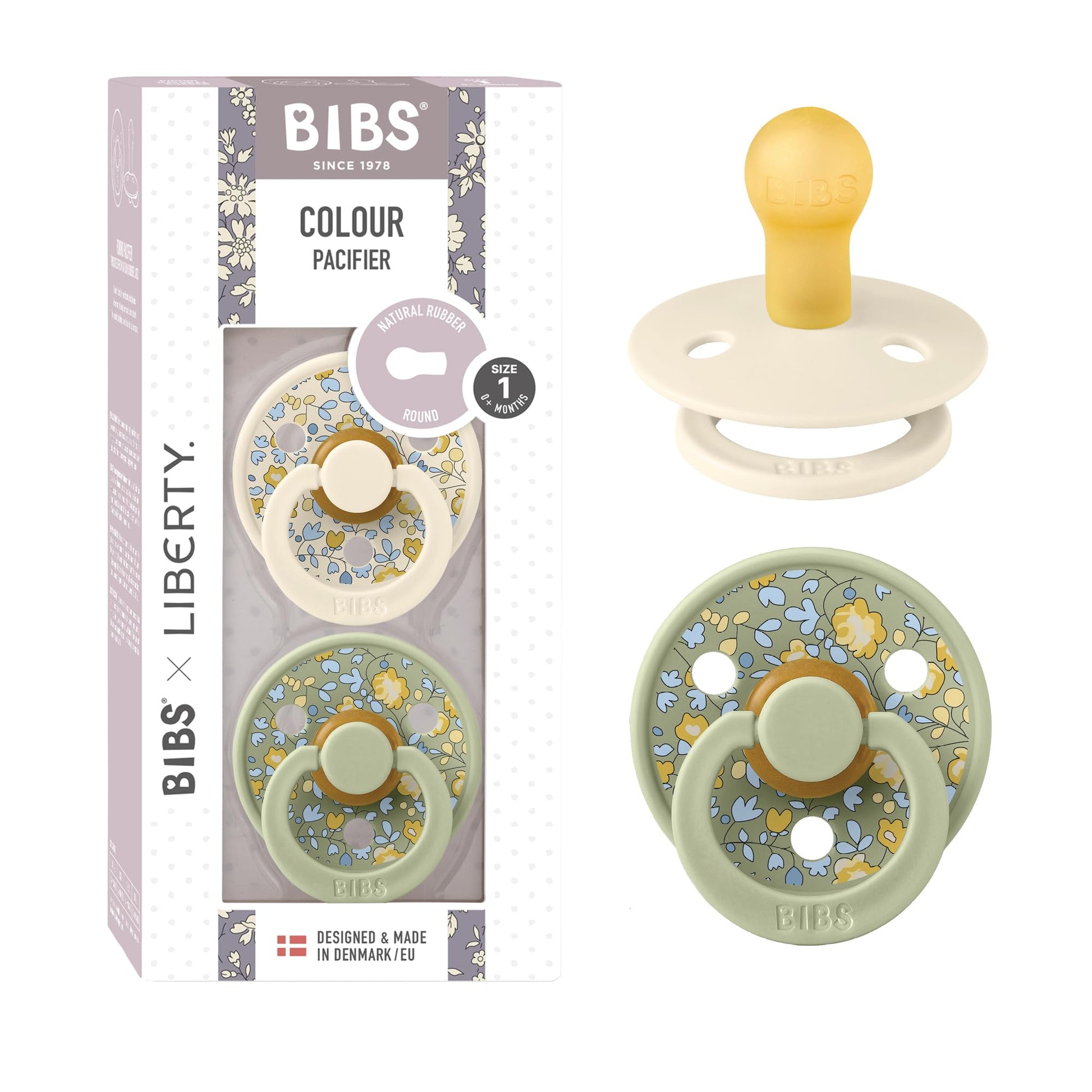 BIBS Liberty diseño Exclusivo 2 chupetes. Libre de BPA, Tetina redonda. Látex natural, Talla 1 (0-6 meses) Sage Mix
