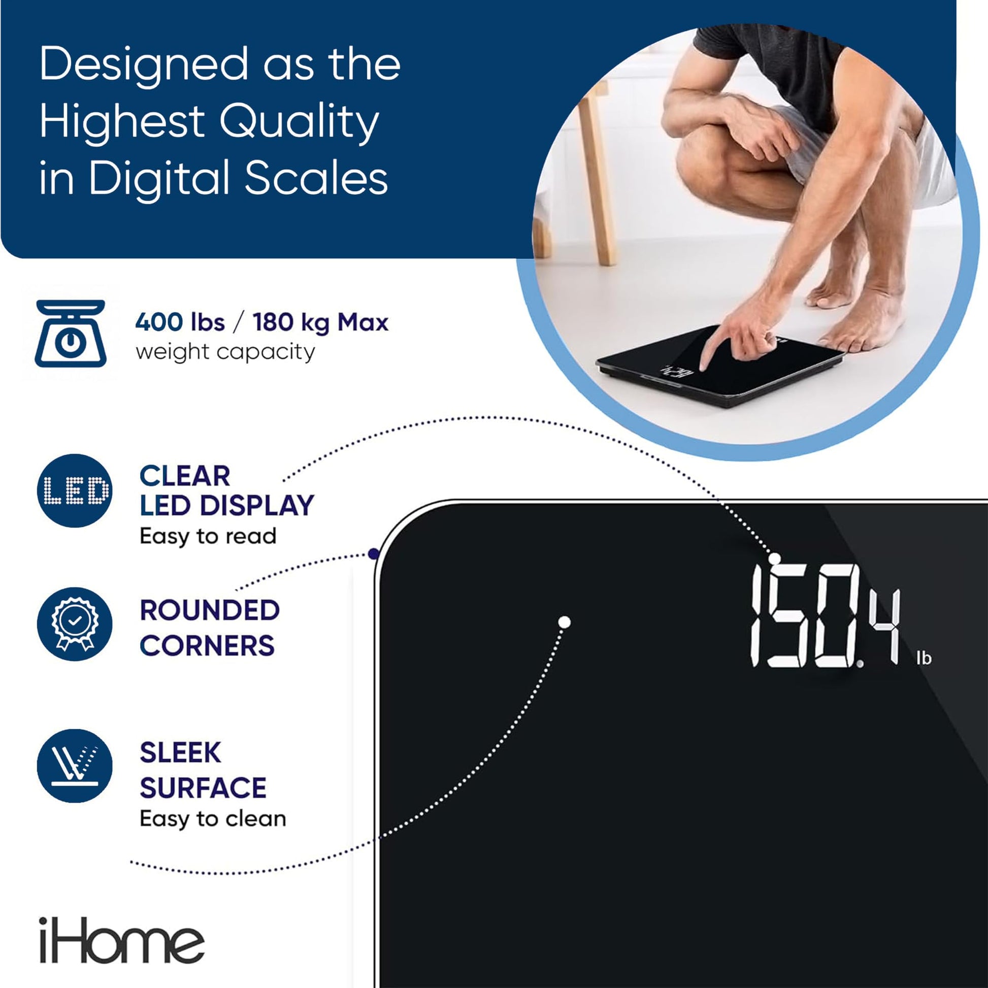 iHome - Báscula digital para baño con escala, báscula de peso corporal de alta precisión, 400 libras, funciona con batería con visualización LED, pilas incluidas, ideal para gimnasio en casa (negro)