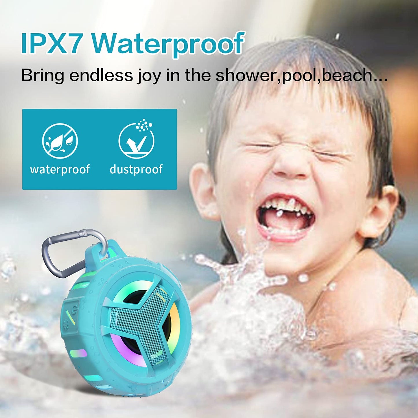 EBODA - Altavoz de ducha Bluetooth impermeable, IPX7, altavoces pequeños inalámbricos portátiles, flotantes, tiempo de juego 24 horas con luz RGB para kayak, playa, accesorios de piscina, regalos para