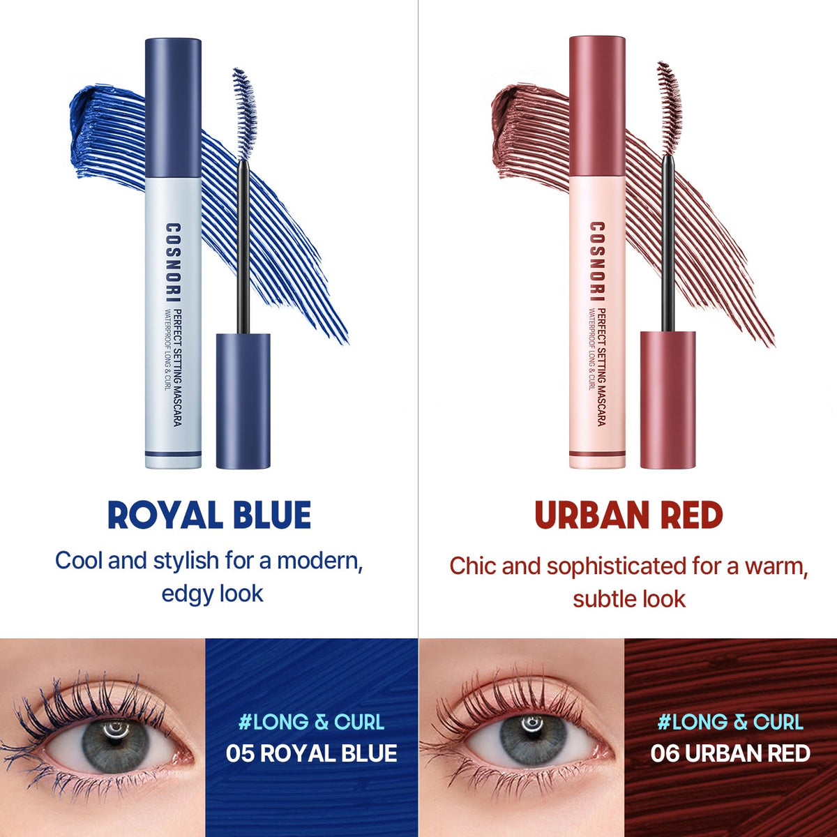 COSNORI Máscara De Pestañas Perfect Setting Waterproof Long&Curl 06 Urban Red – Larga Duración, Efecto Difuminado - Máscara De Pestañas Burdeos - Coreana, Resistente Al Agua, Pestañas Largas,