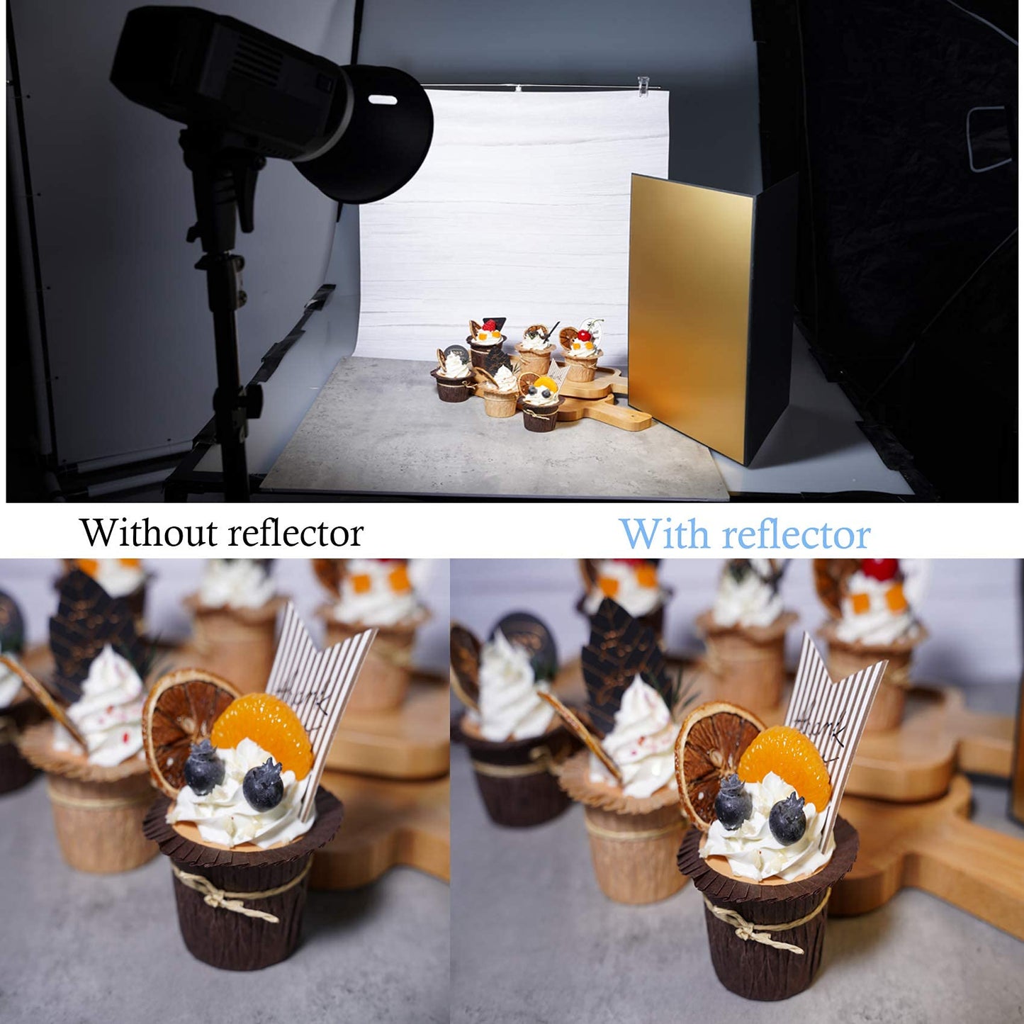 Meking - Reflector de luz 3 en 1 de cartón para fotografía, diseño de estudio de fotografía plegable de 17 x 12 pulgadas, color dorado, plateado y negro, blanco, paquete de 2