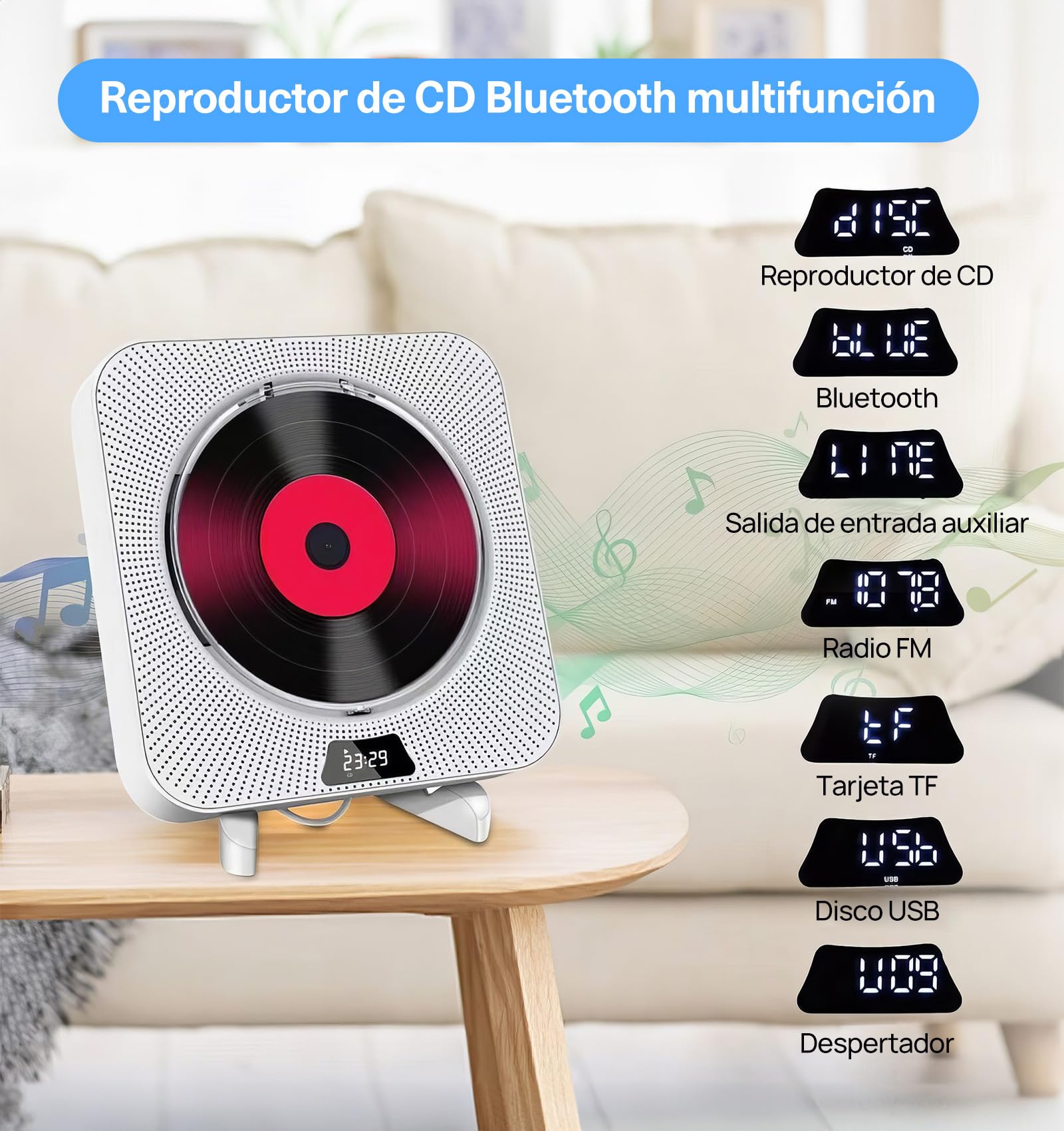 ECYWE Reproductor de CD Portátil Bluetooth,CD Player Montaje en Pared con Control Remoto,Cubierta Contra el Polvo,Pantalla LCD,Altavoces HiFi Integrados,Radio FM,Soporte CD/MP3/USB/AUX, Entrada Salida